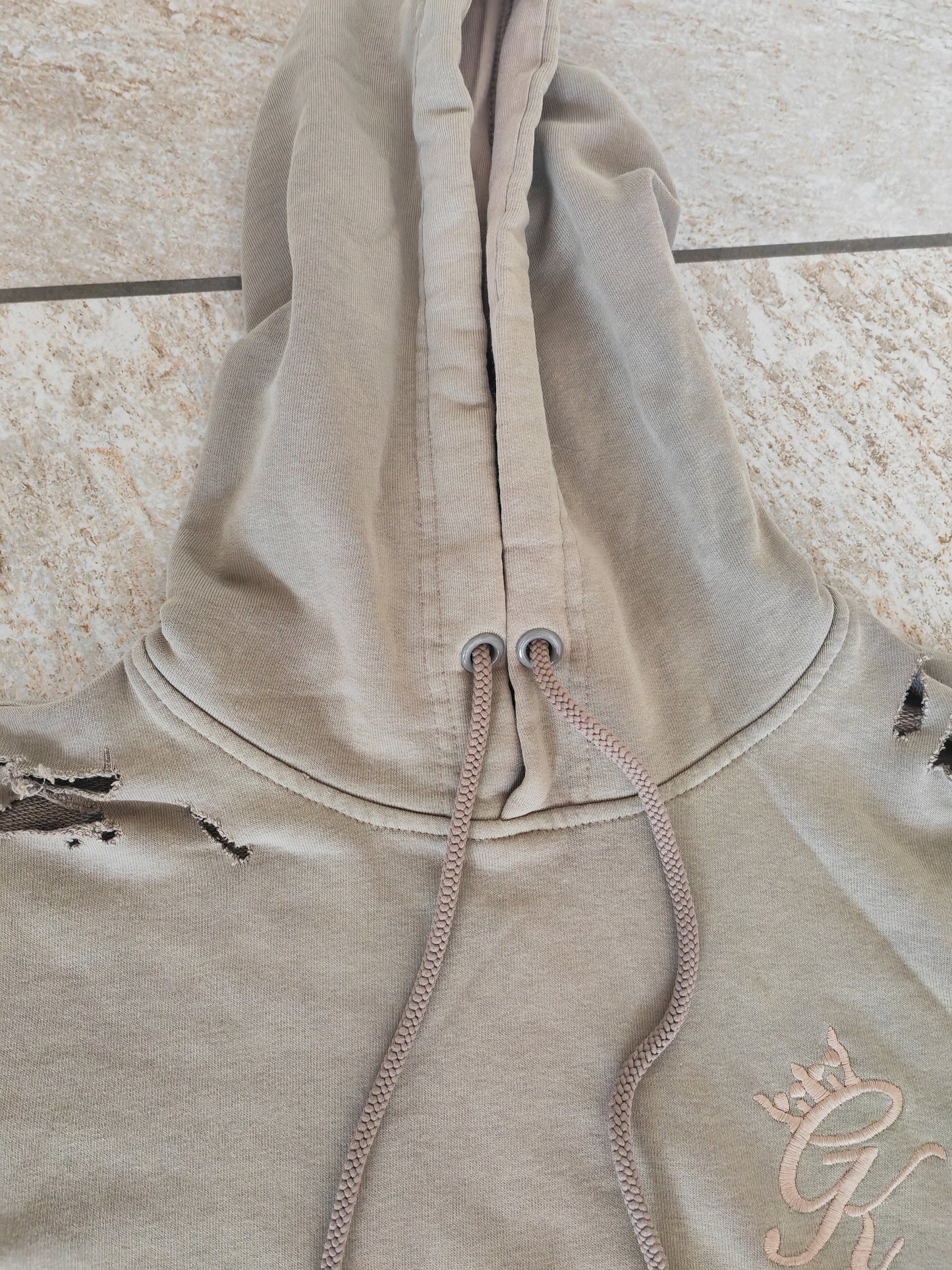 Gym King Ripped, Distressed Look Pullover Hoodie, Khaki Green, Size Medium