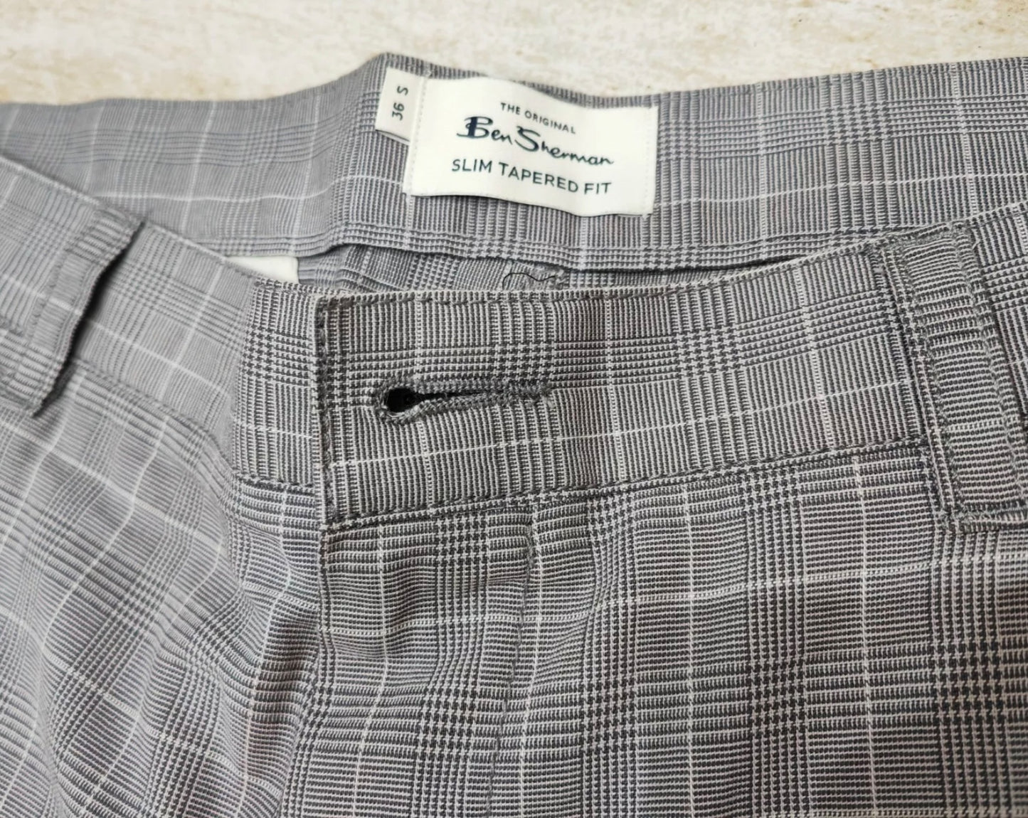 Ben Sherman Slim Tapered Fit Grey Chequered Trousers, Size 36 S