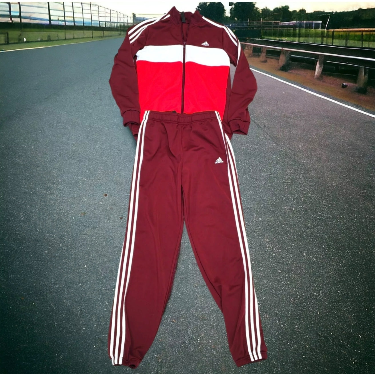 Youth Adidas Tracksuit, Full Zip Jacket And Trousers, Maroon/White/Red, 13-14Y