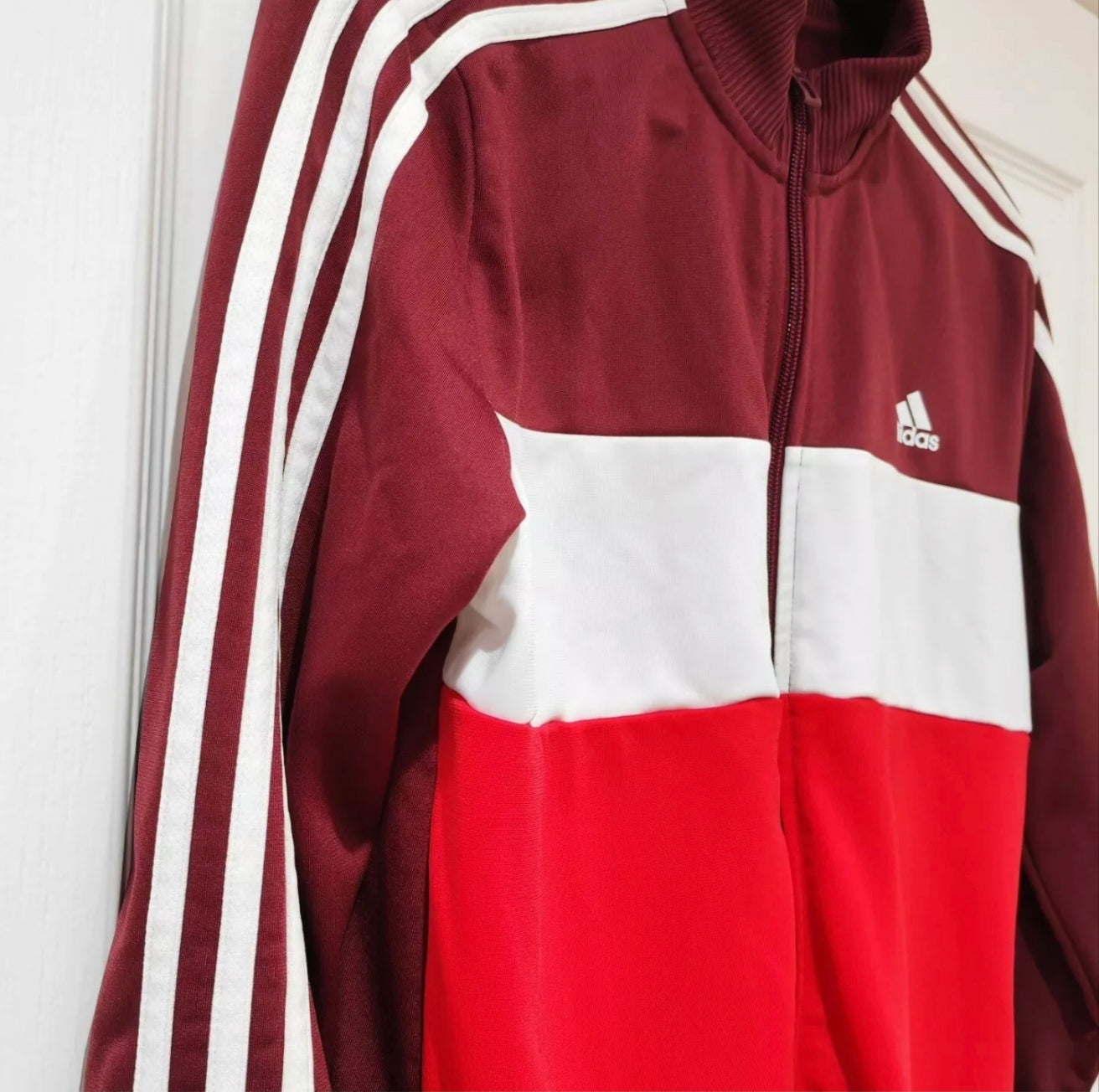 Youth Adidas Tracksuit, Full Zip Jacket And Trousers, Maroon/White/Red, 13-14Y