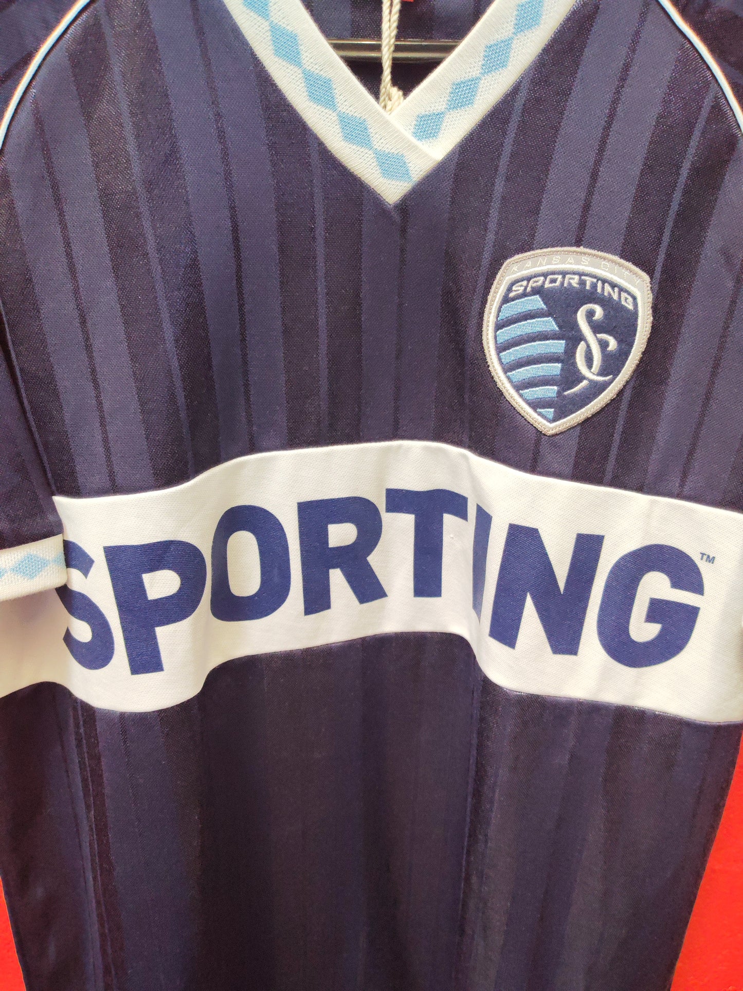 Mitchell & Ness Sporting Kansas City MLS Football Shirt, Navy Blue, Size Medium