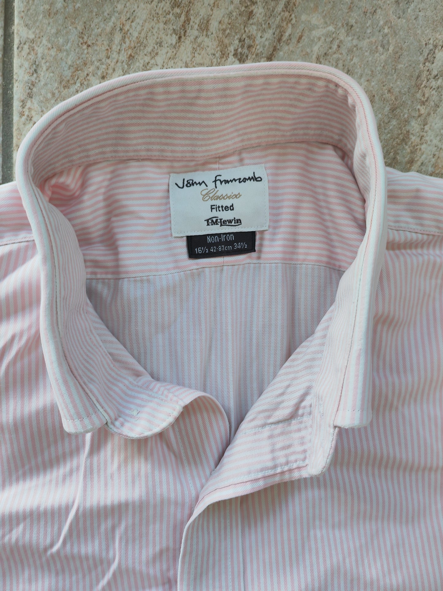 T.M. Lewin Formal Button Up Long Sleeve Shirt, Pink/White Striped, 16.5-34.5