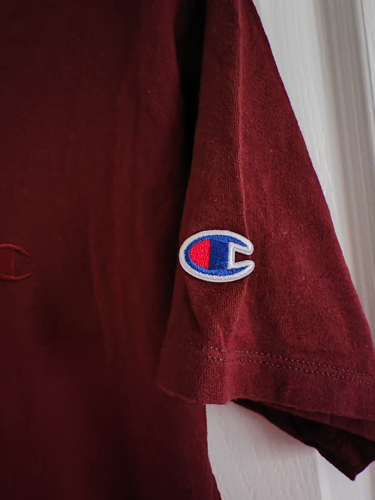 Champion Small Logo V Neck T Shirt, Burgundy, Size Small