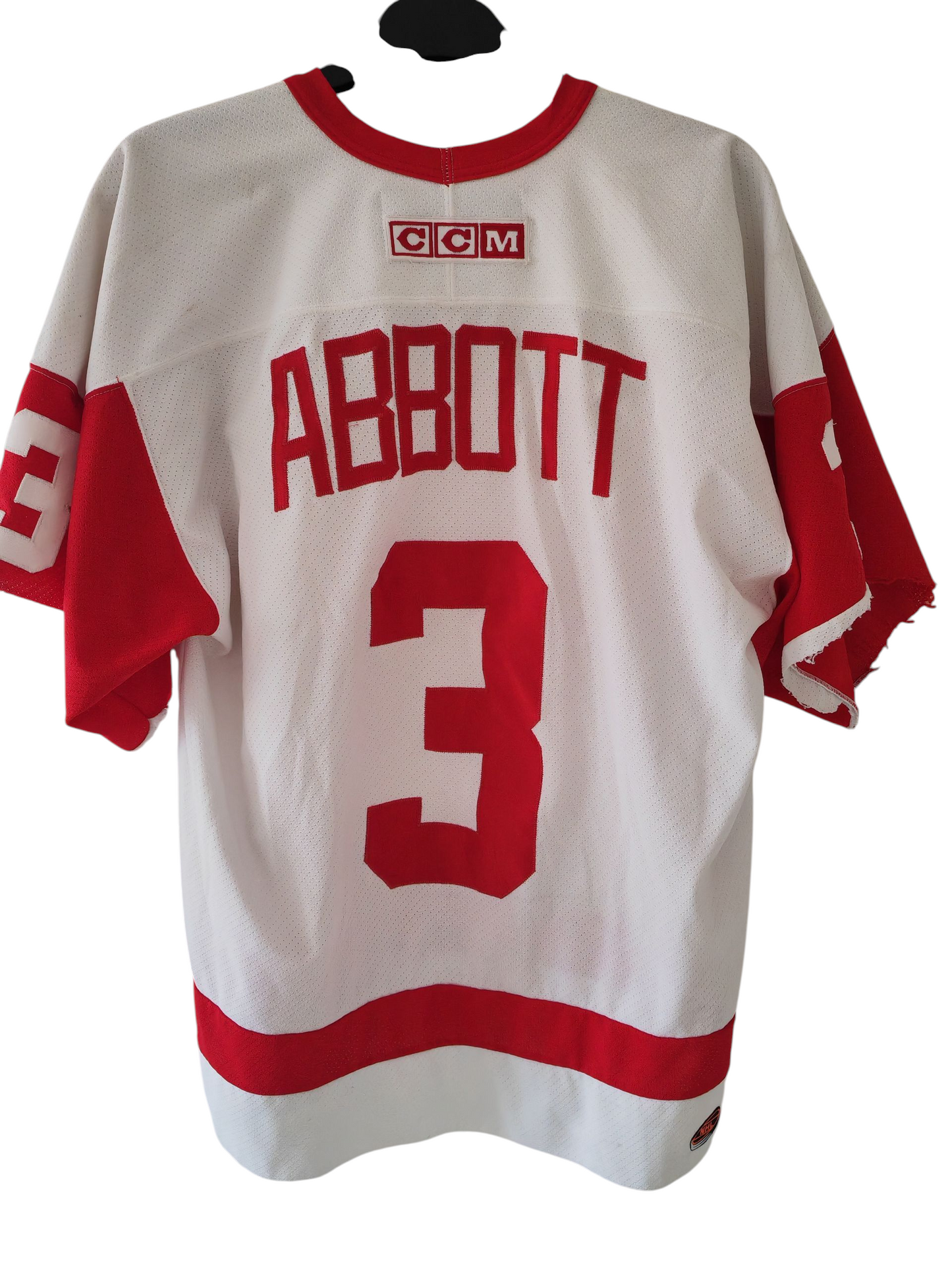 CCM Detroit Red Wings NHL Jersey, #3 Abbott, Sleeves Cut, Size Large