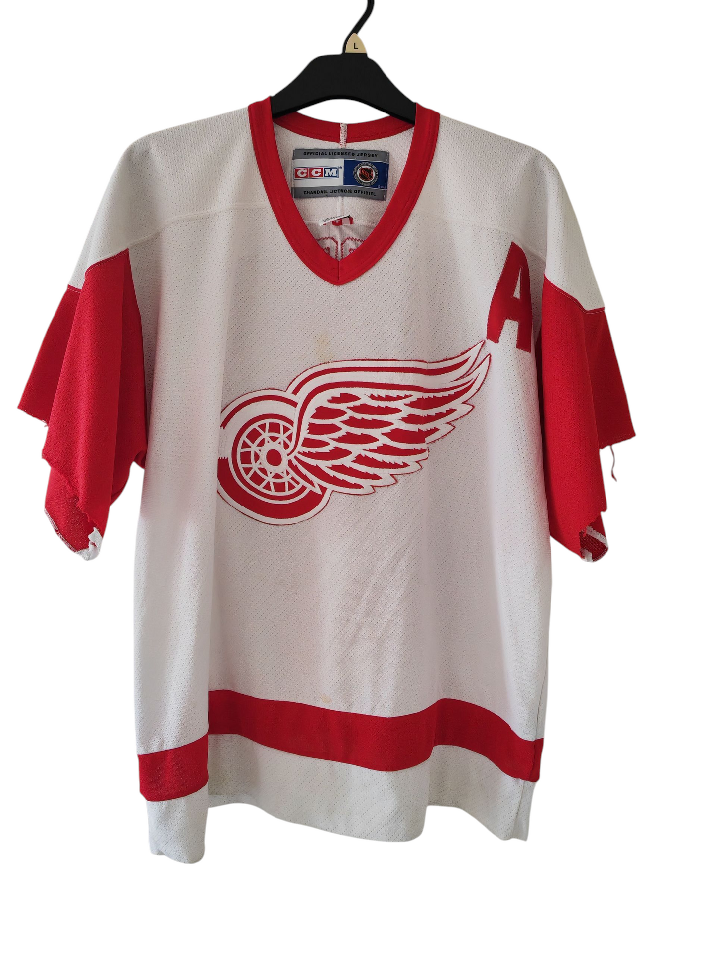CCM Detroit Red Wings NHL Jersey, #3 Abbott, Sleeves Cut, Size Large