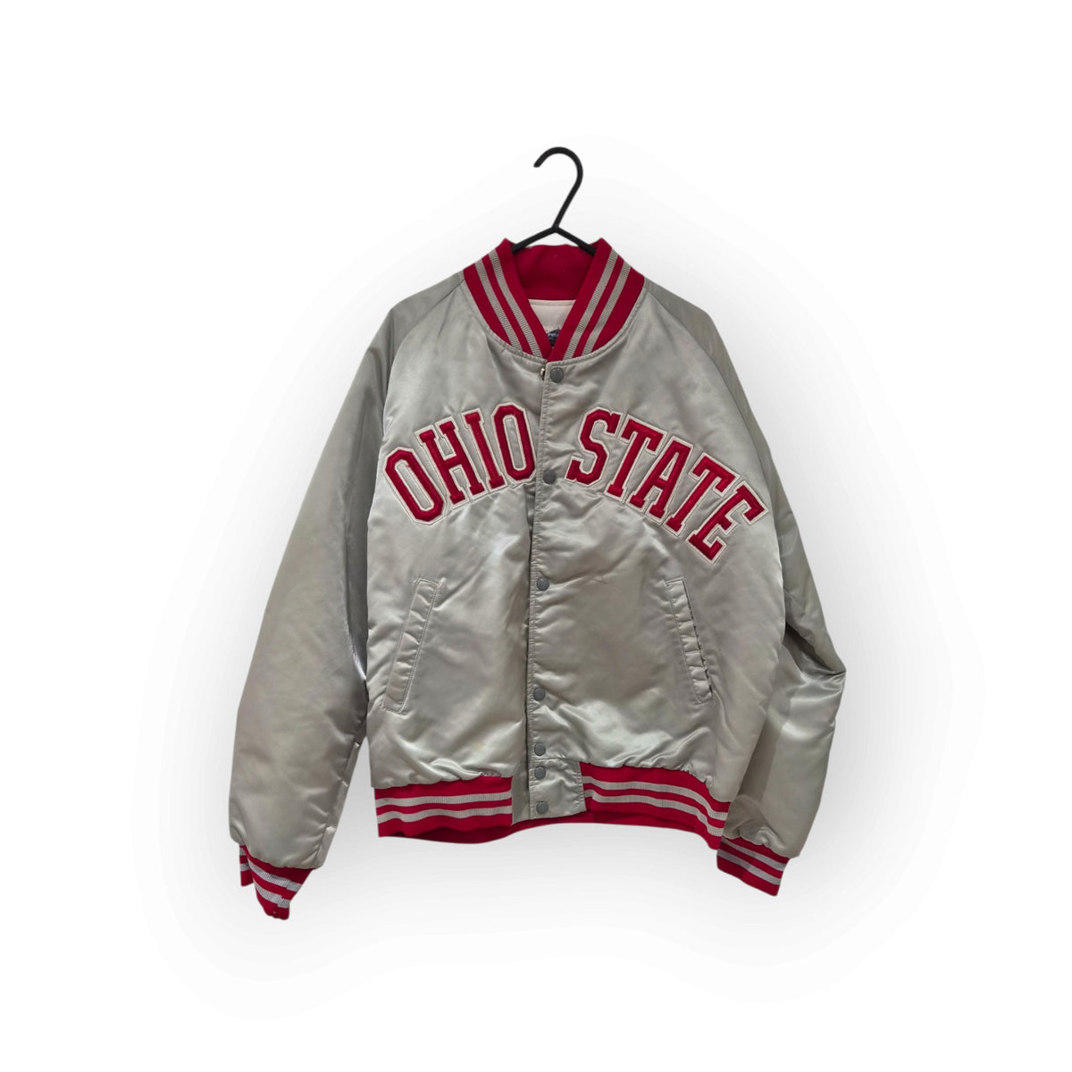 Pyramid Vintage Ohio State Buckeyes Snap Bomber Jacket, Light Grey/Red, Size S/M