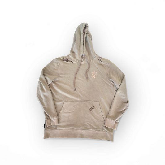 Gym King Ripped, Distressed Look Pullover Hoodie, Khaki Green, Size Medium