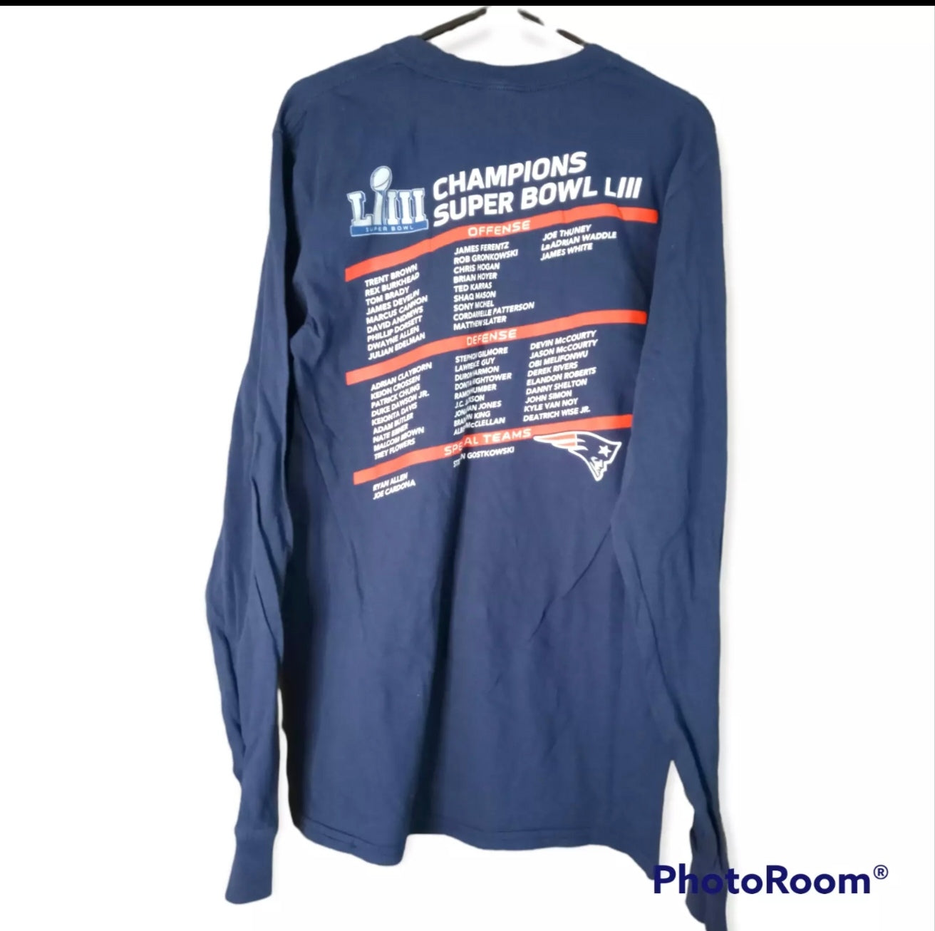 NFL Apparel New England Patriots Super Bowl LIII long sleeve top, navy, size Small