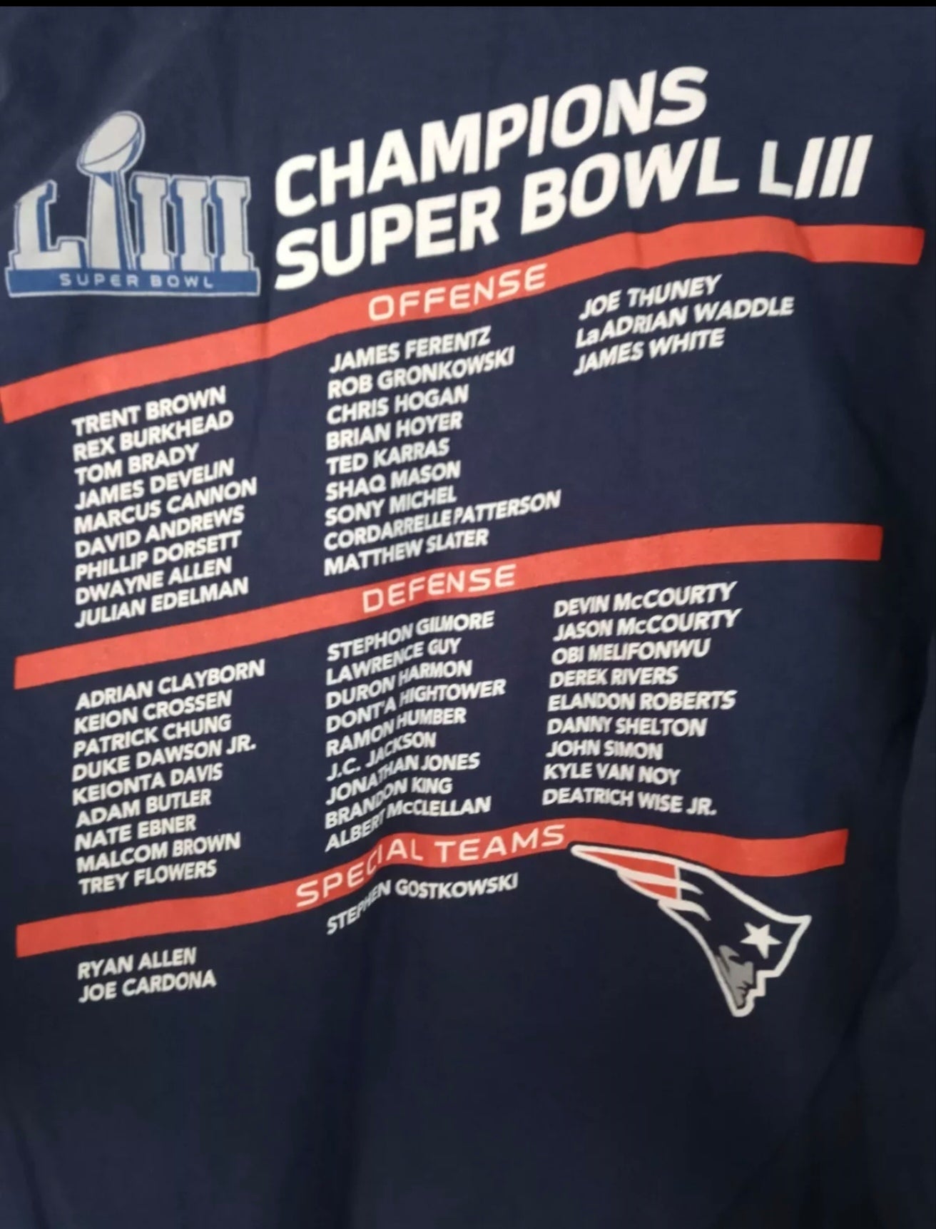 NFL Apparel New England Patriots Super Bowl LIII long sleeve top, navy, size Small