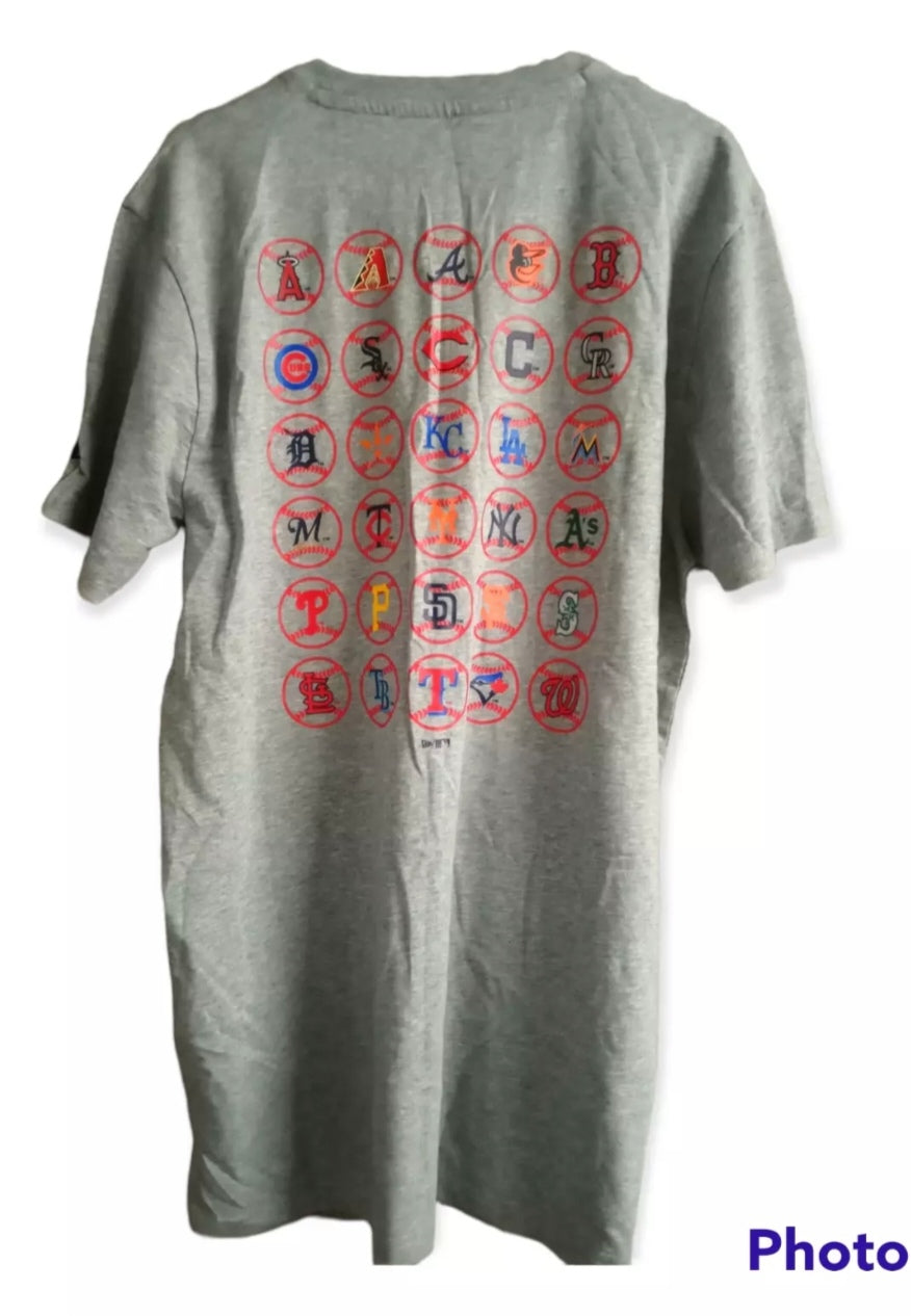 New Era MLB Baseball 30 team logo graphic t shirt, grey, size Medium