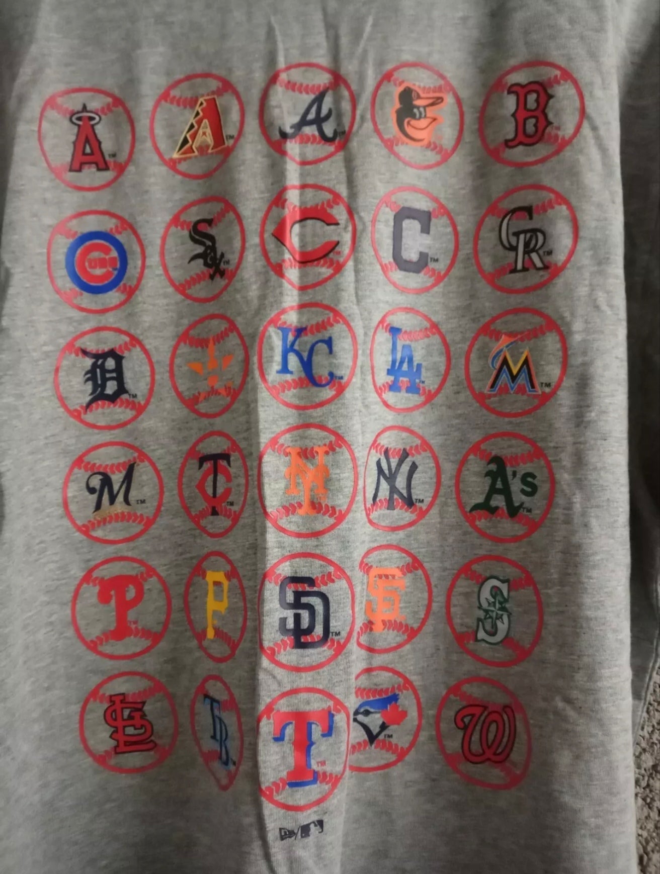 New Era MLB Baseball 30 team logo graphic t shirt, grey, size Medium
