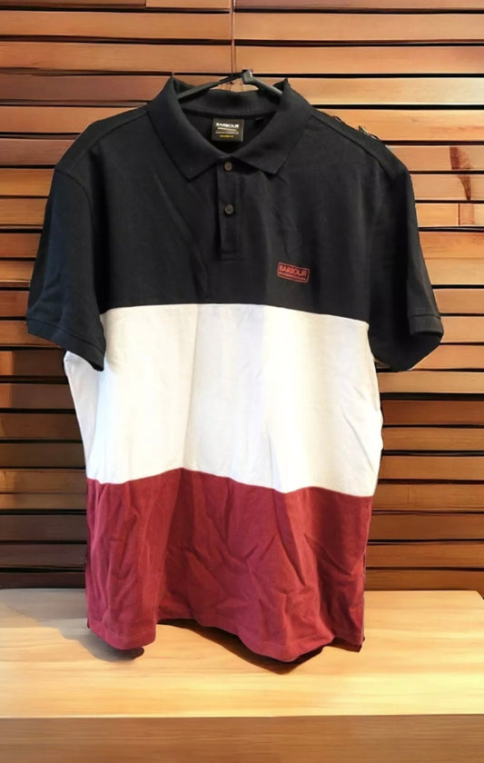 Barbour International Tailored Fit Polo Shirt, Black/White/Maroon, Size Large