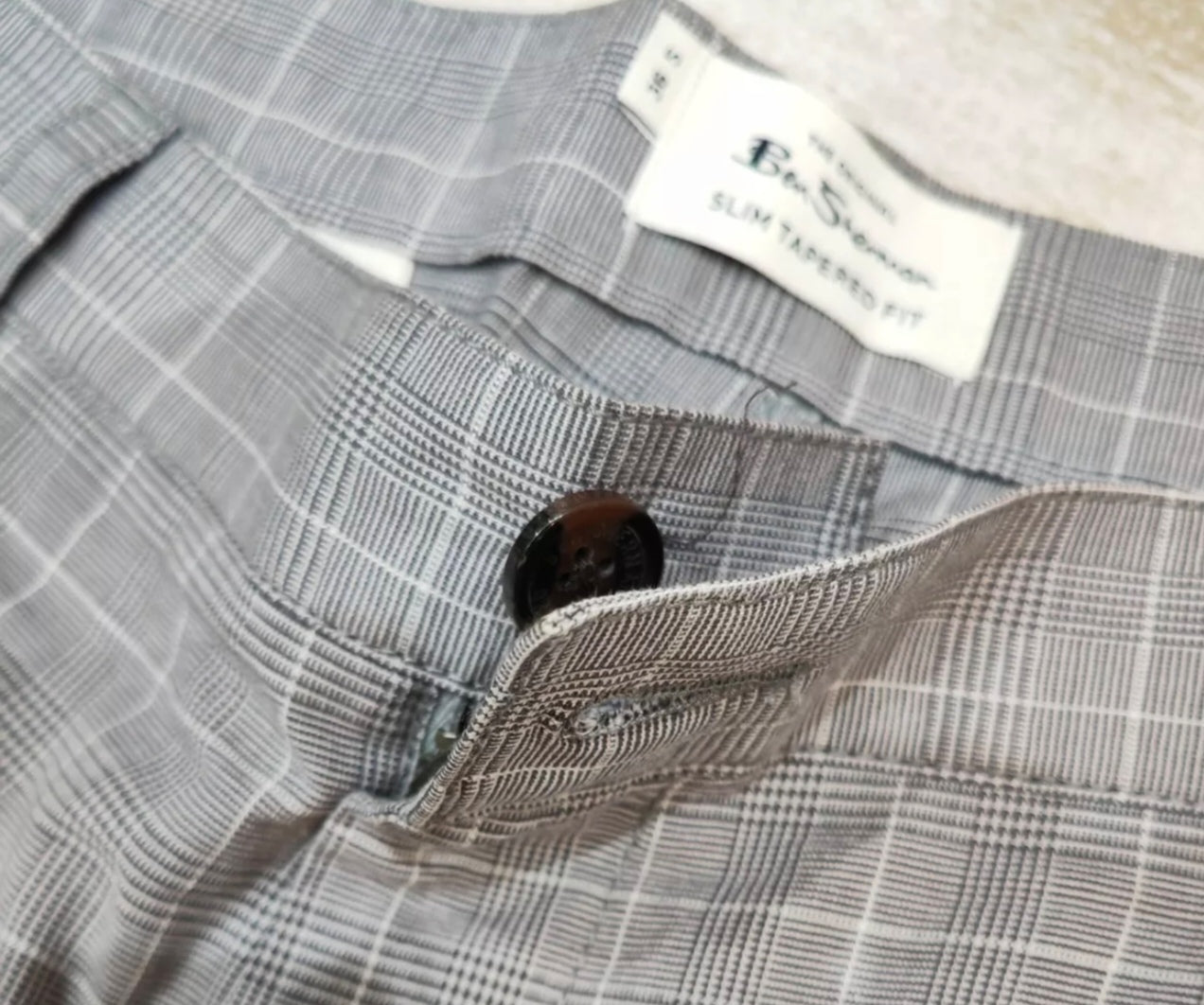 Ben Sherman Slim Tapered Fit Grey Chequered Trousers, Size 36 S