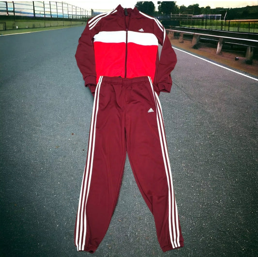 Youth Adidas Tracksuit, Full Zip Jacket And Trousers, Maroon/White/Red, 13-14Y