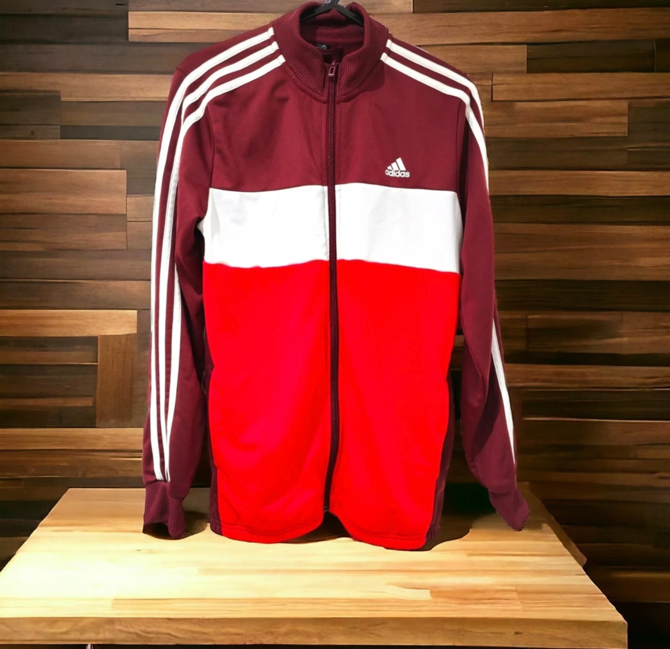 Youth Adidas Tracksuit, Full Zip Jacket And Trousers, Maroon/White/Red, 13-14Y
