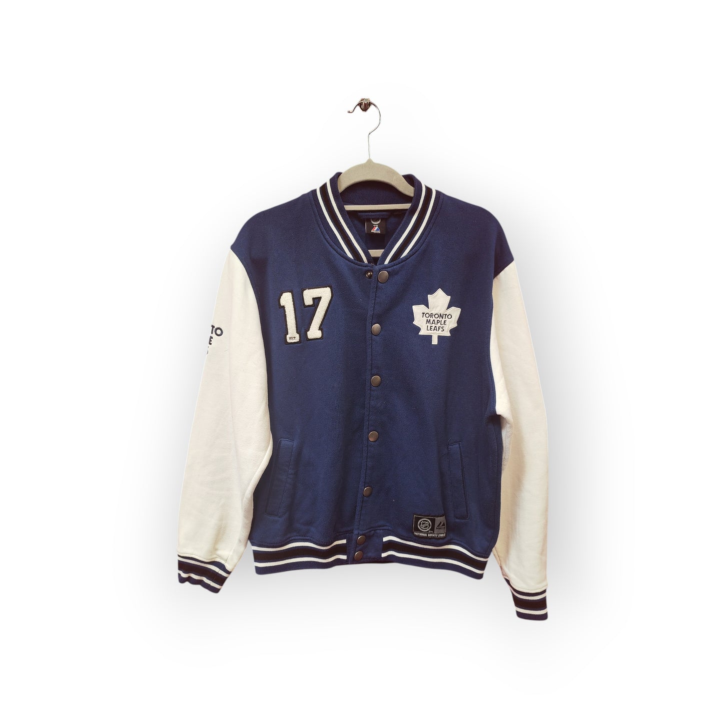 Majestic Toronto Maple Leafs NHL Snap Varsity Style Jacket, Blue/White, Size XL