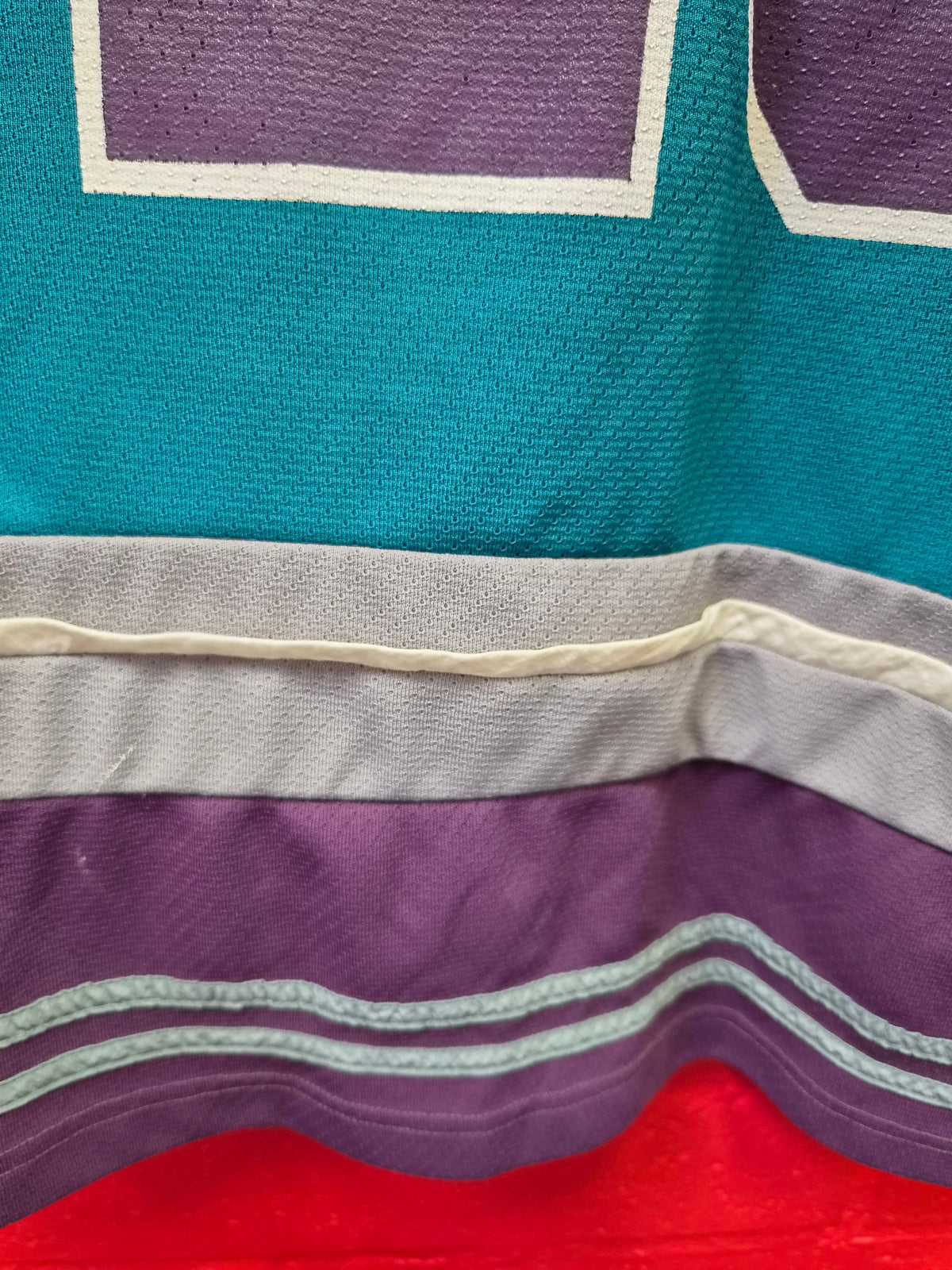 Vintage 90s Mighty Ducks of Anaheim NHL Jersey Shirt #26 CMP Purple Teal, Size Large