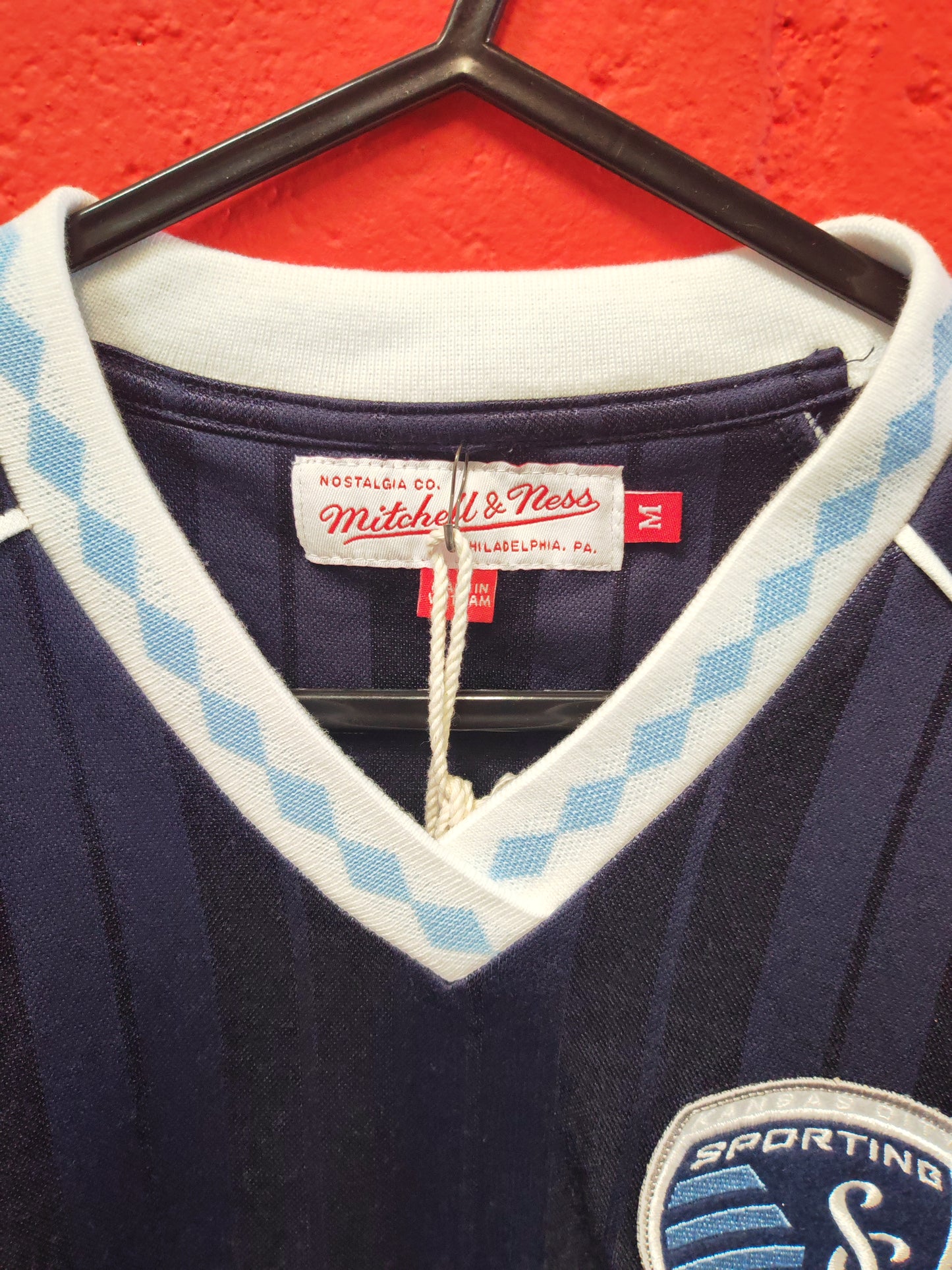 Mitchell & Ness Sporting Kansas City MLS Football Shirt, Navy Blue, Size Medium
