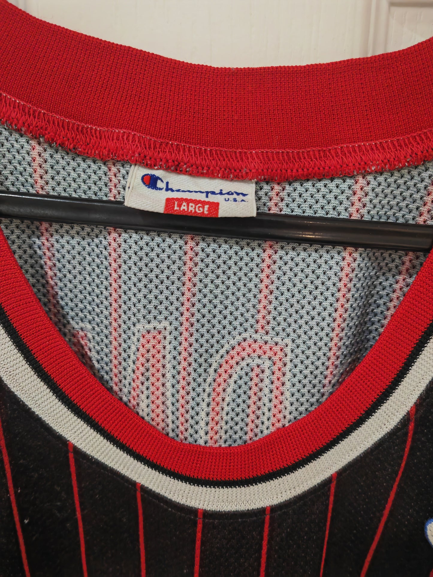 Champion Chicago Bulls NBA Jersey, #91 Rodman, Black w/Red Pin Stripe, Size Large