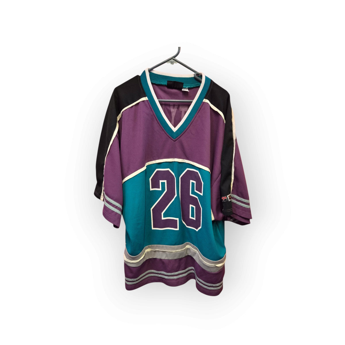 Vintage 90s Mighty Ducks of Anaheim NHL Jersey Shirt #26 CMP Purple Teal, Size Large