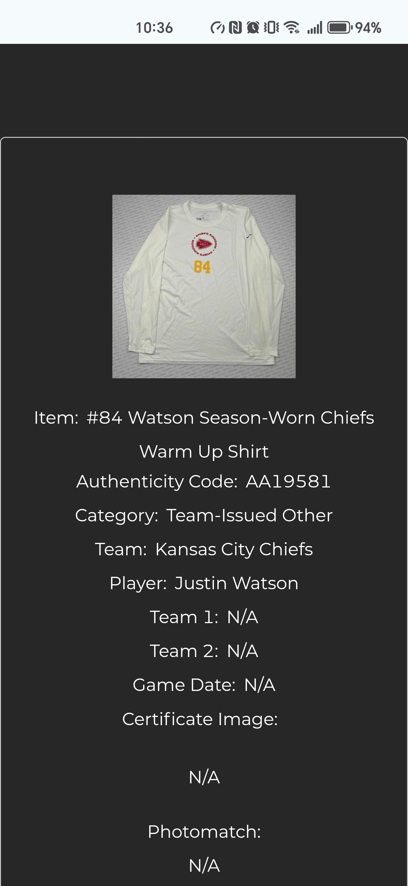 Nike Kansas City Chiefs Justin Watson Player Issue/Worn Warm Up Top, White, XL