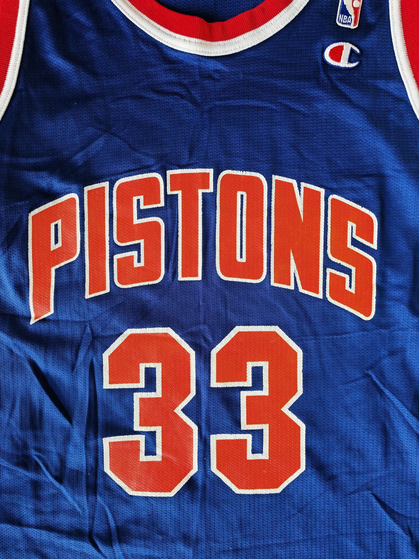 Champion Detroit Pistons NBA Basketball Jersey, #33 Hill, Blue, Size Large