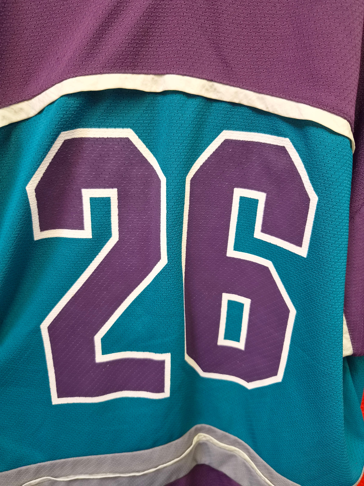 Vintage 90s Mighty Ducks of Anaheim NHL Jersey Shirt #26 CMP Purple Teal, Size Large