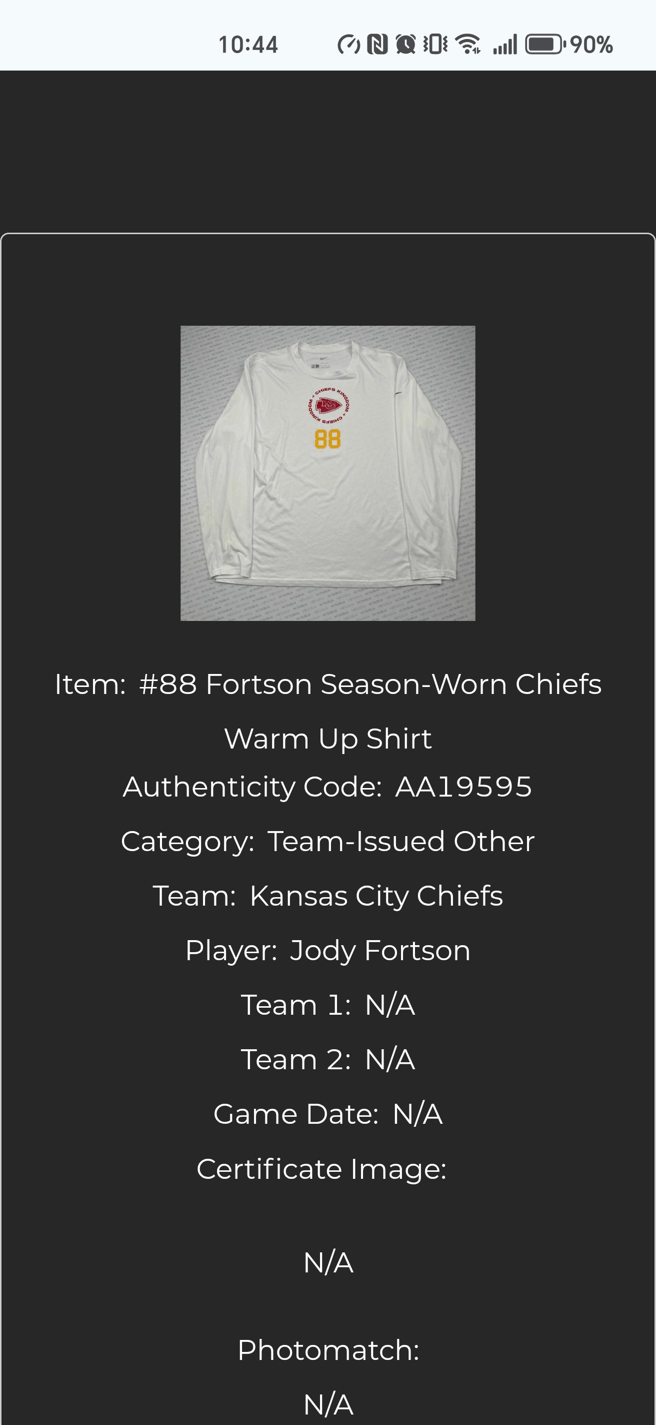 Nike Kansas City Chiefs #88 Jody Fortson Issue/Worn Warm Up Shirt, White, XL