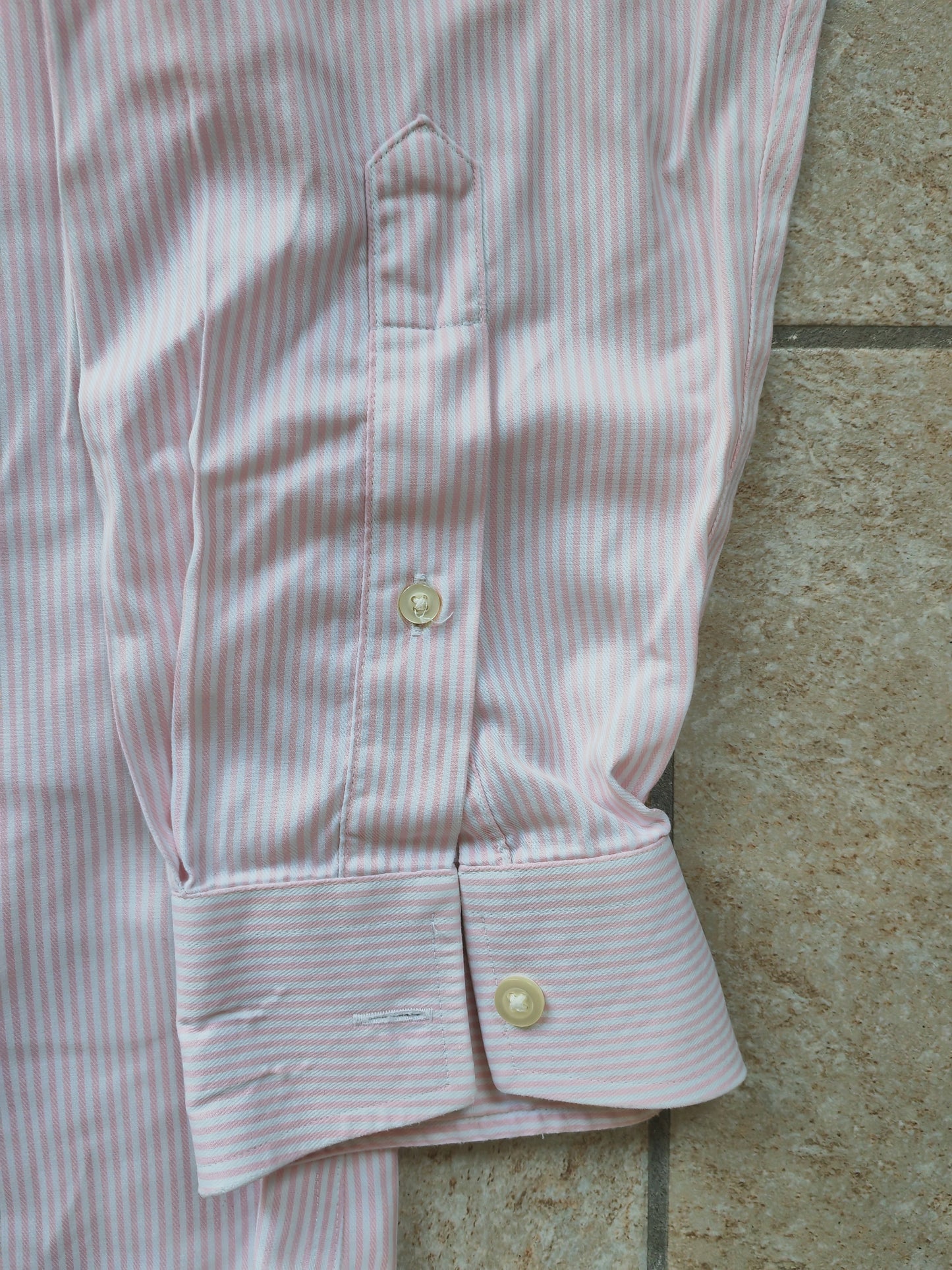 T.M. Lewin Formal Button Up Long Sleeve Shirt, Pink/White Striped, 16.5-34.5