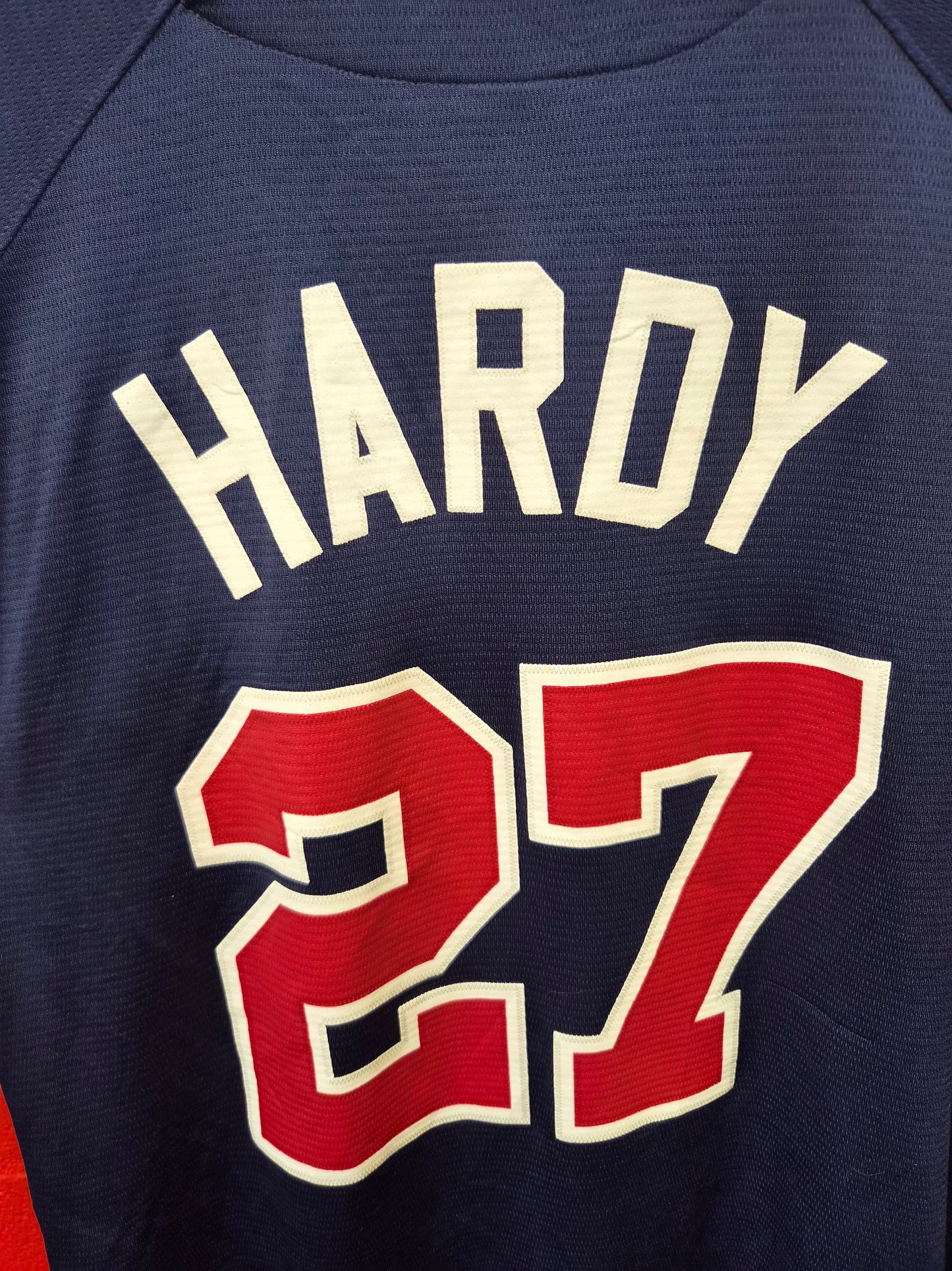 Majestic Minnestoa Twins MLB Jersey, #27 Hardy, Navy Blue, Size Large
