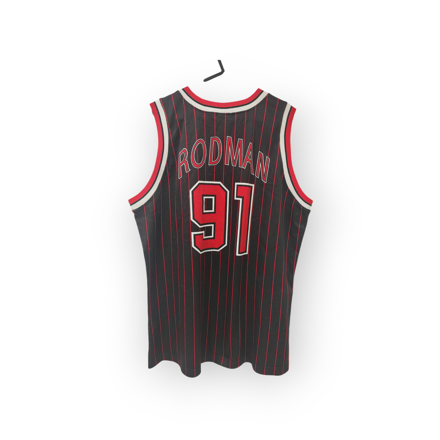 Champion Chicago Bulls NBA Jersey, #91 Rodman, Black w/Red Pin Stripe, Size Large