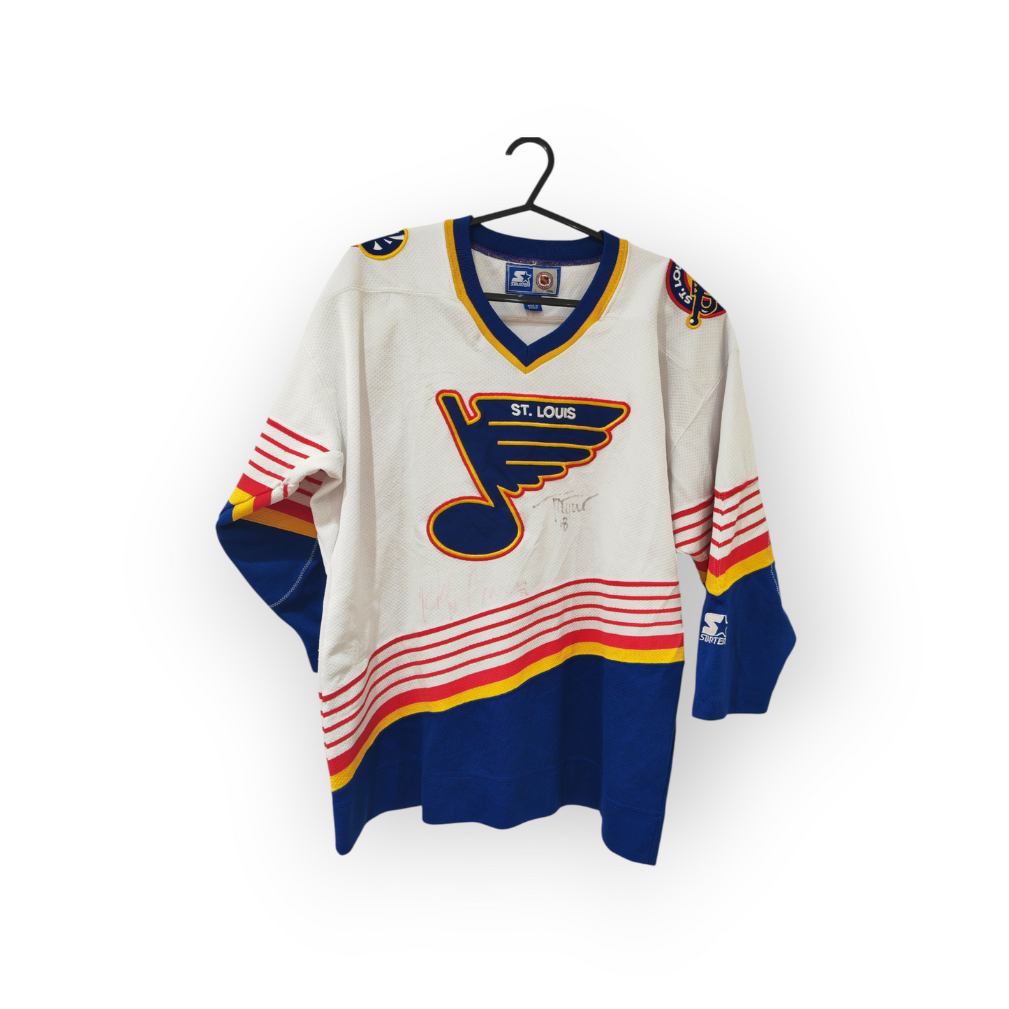 Youth Starter St. Louis Blues NHL Jersey, Signed, White/Blue, Size YL/XL