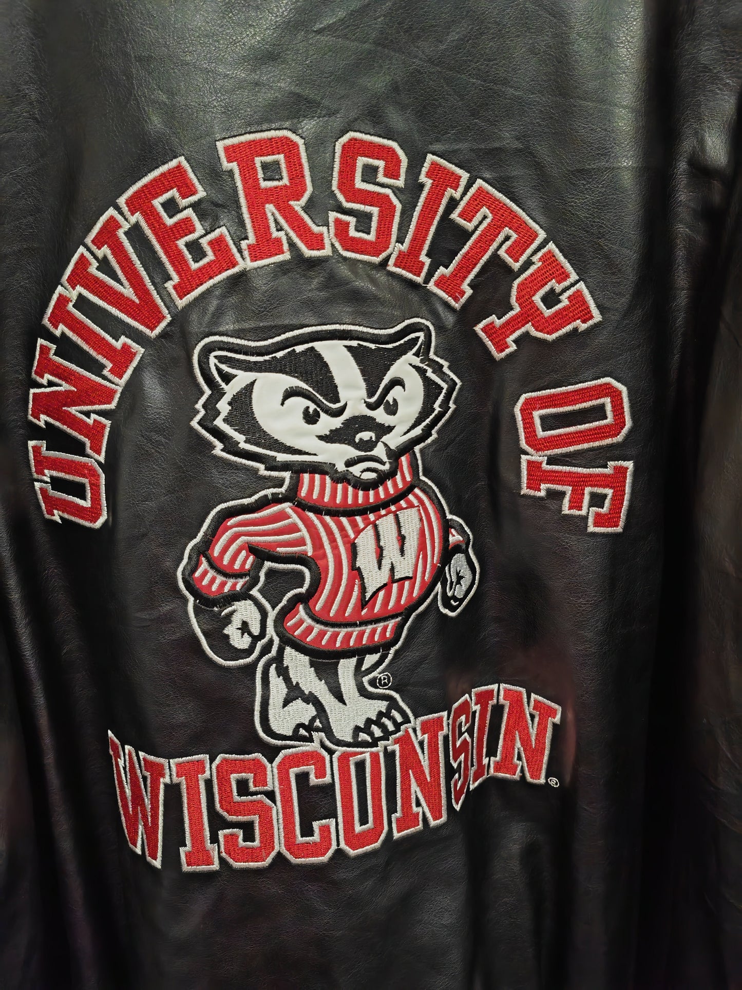 Steve & Barry's Wisconsin Badgers NCAA Leather Varsity Jacket, Black/Red, XXL
