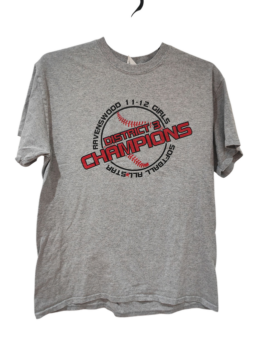 Gildan Ravenswood 11-12 Girls Softball Champions T Shirt, Grey, Size Medium