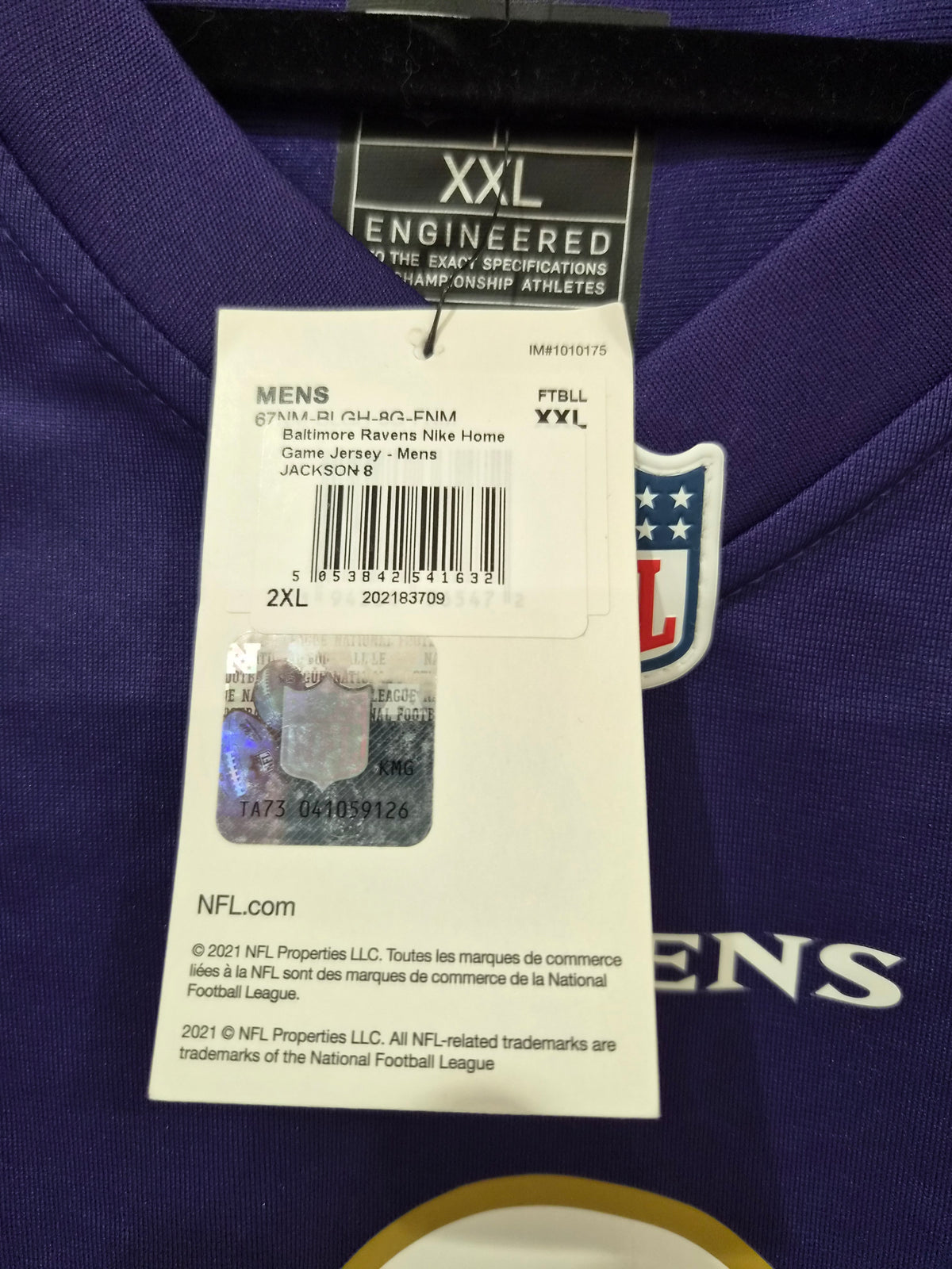 Nike Baltimore Ravens NFL Jersey, #8 Jackson, Purple, Size XXL