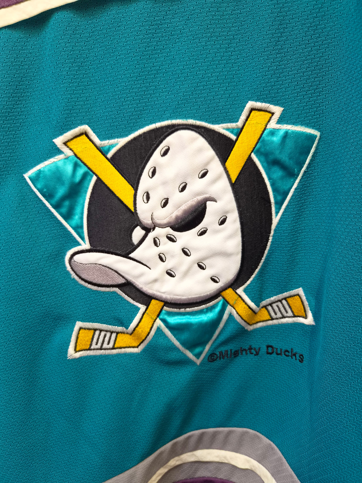 Vintage 90s Mighty Ducks of Anaheim NHL Jersey Shirt #26 CMP Purple Teal, Size Large