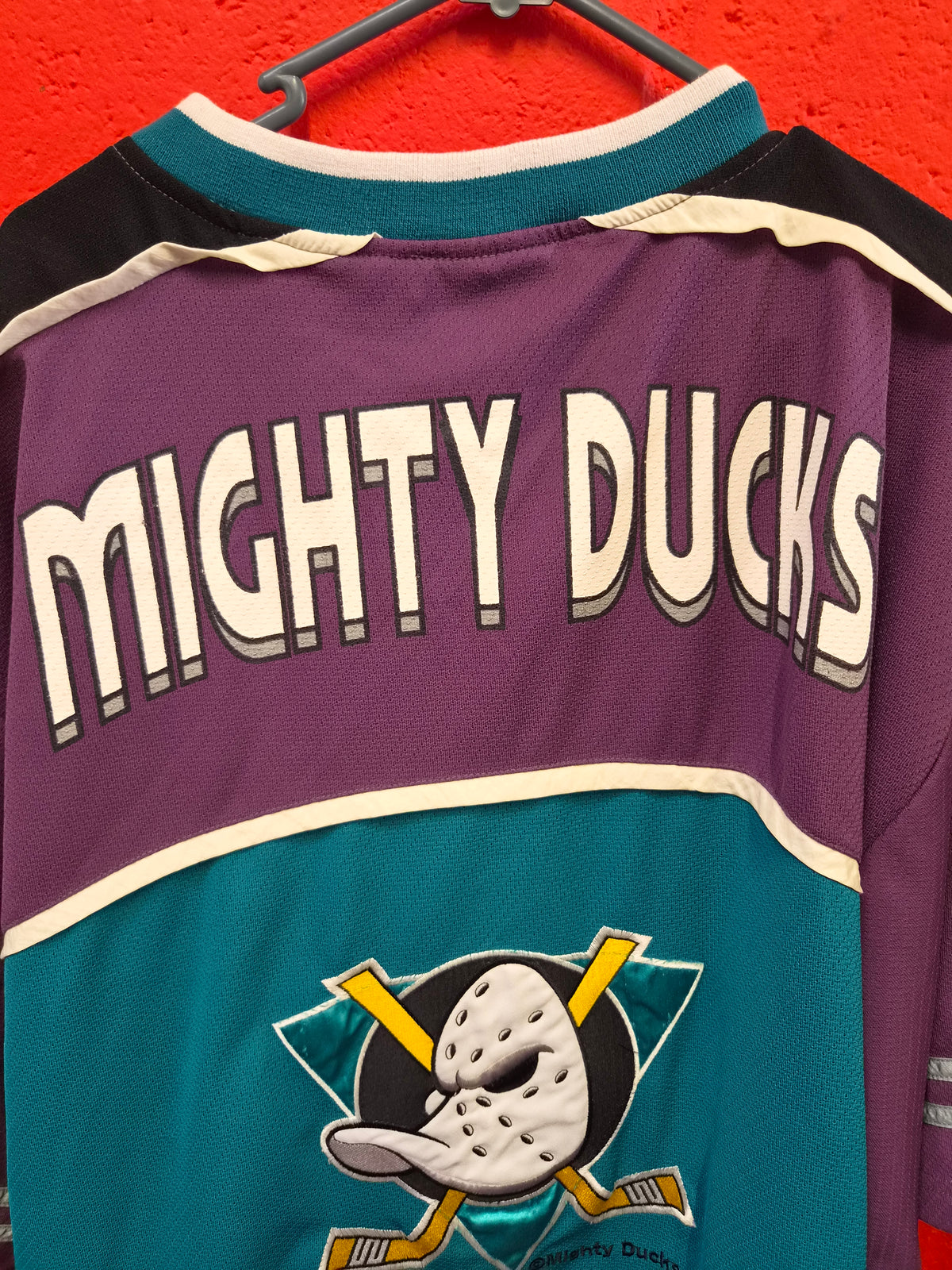 Vintage 90s Mighty Ducks of Anaheim NHL Jersey Shirt #26 CMP Purple Teal, Size Large