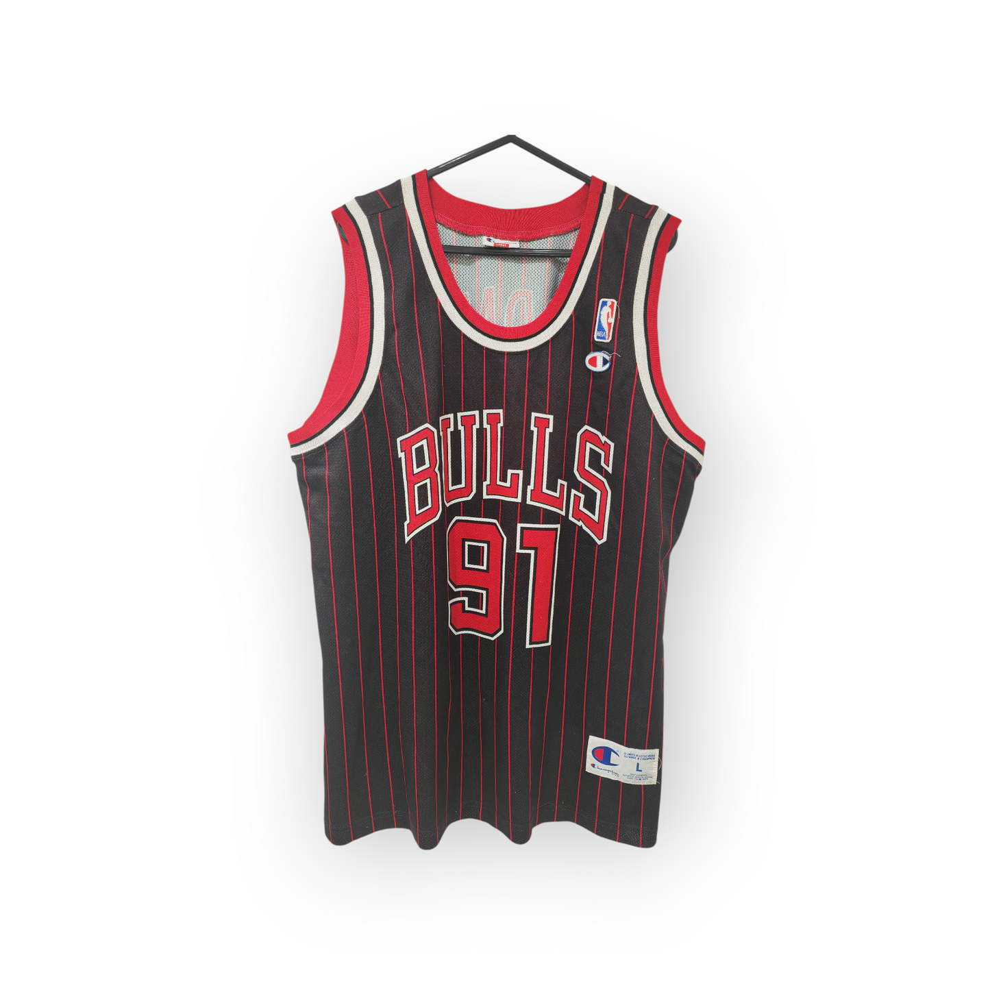 Champion Chicago Bulls NBA Jersey, #91 Rodman, Black w/Red Pin Stripe, Size Large