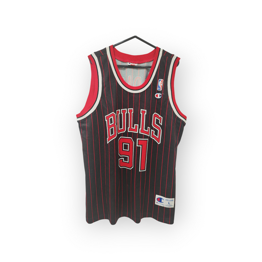 Champion Chicago Bulls NBA Jersey, #91 Rodman, Black w/Red Pin Stripe, Size Large