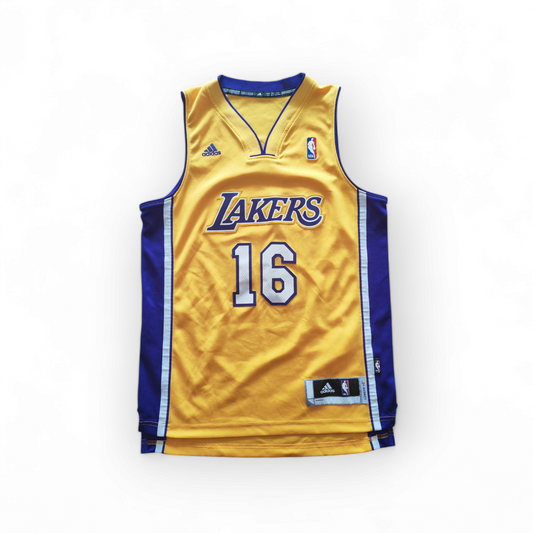 Adidas Los Angeles Lakers NBA Jersey, #16 Gasol, Yellow, Size XS +2 Length