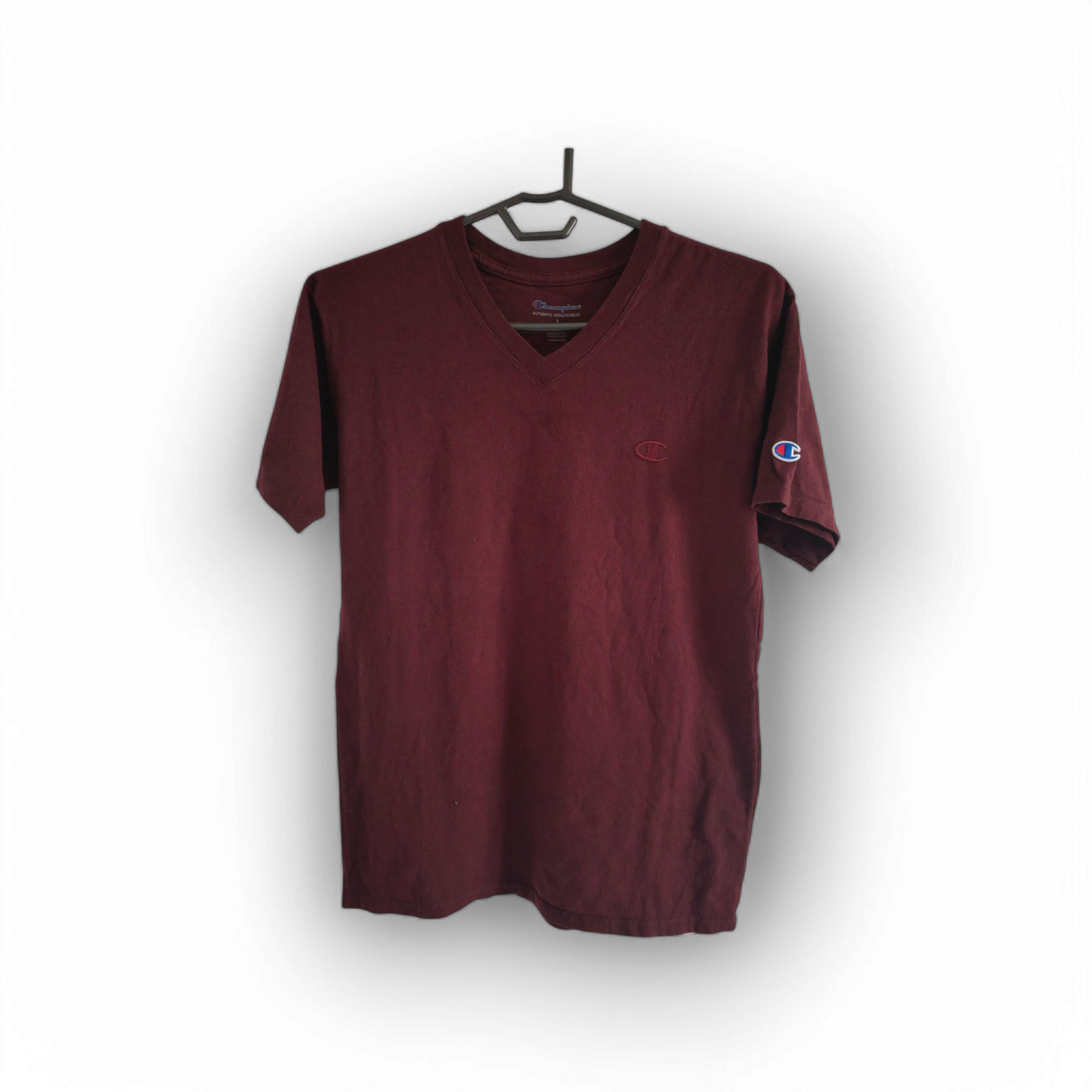Champion Small Logo V Neck T Shirt, Burgundy, Size Small