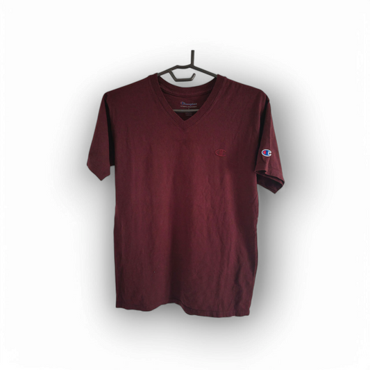 Champion Small Logo V Neck T Shirt, Burgundy, Size Small