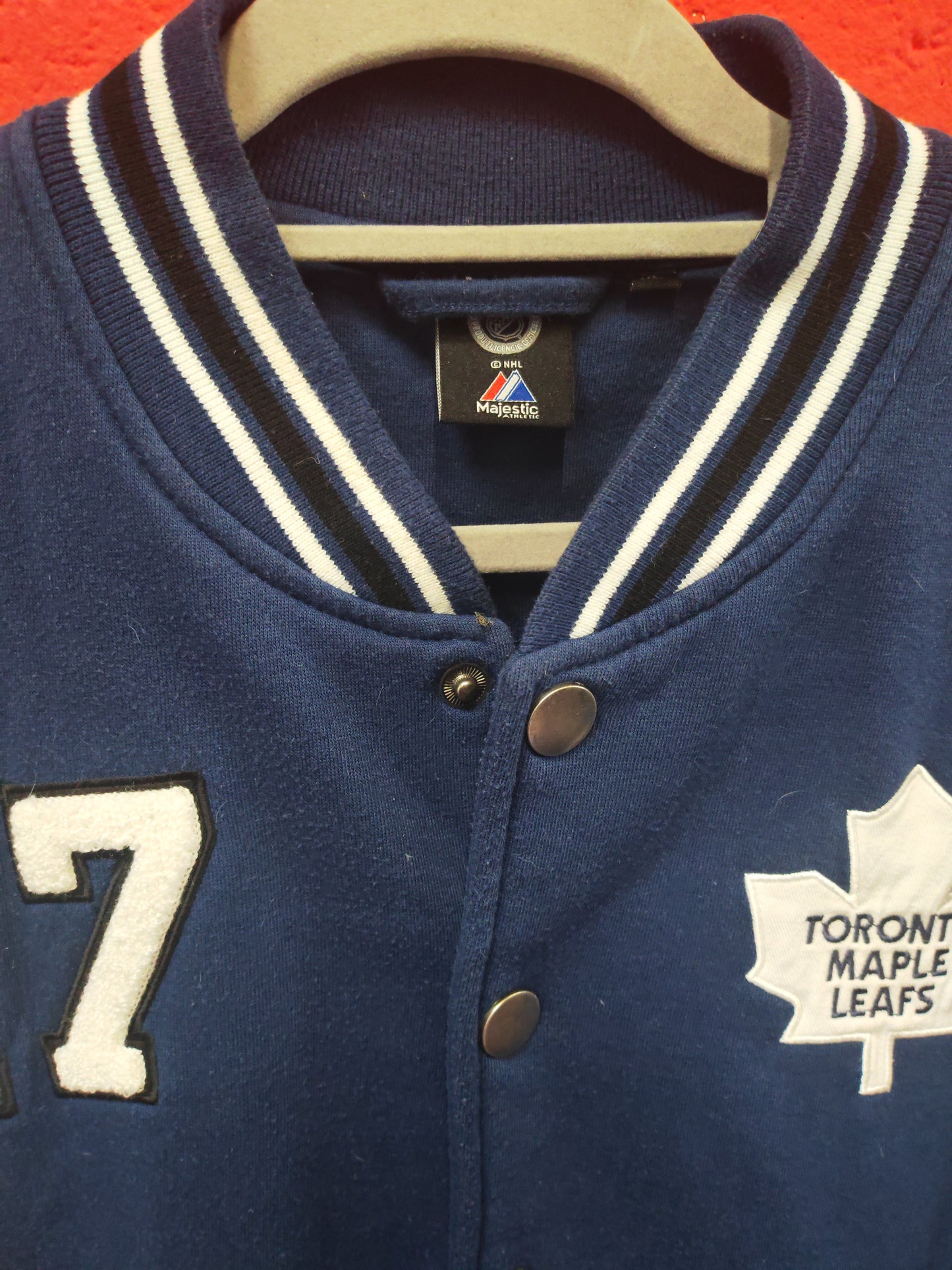 Majestic Toronto Maple Leafs NHL Snap Varsity Style Jacket, Blue/White, Size XL