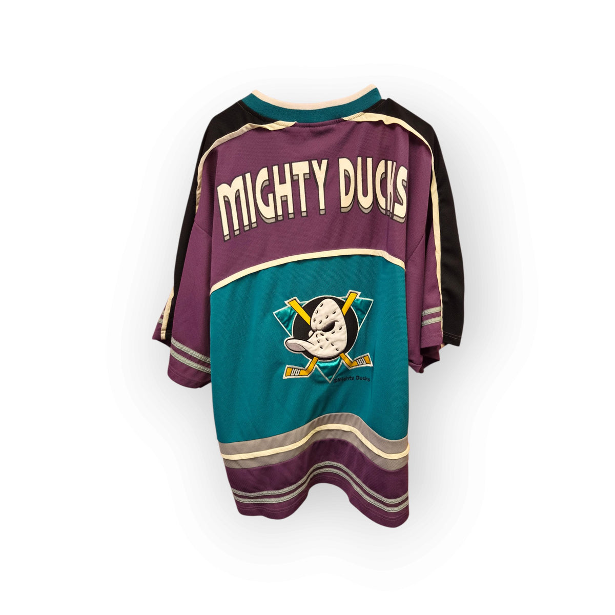 Vintage 90s Mighty Ducks of Anaheim NHL Jersey Shirt #26 CMP Purple Teal, Size Large