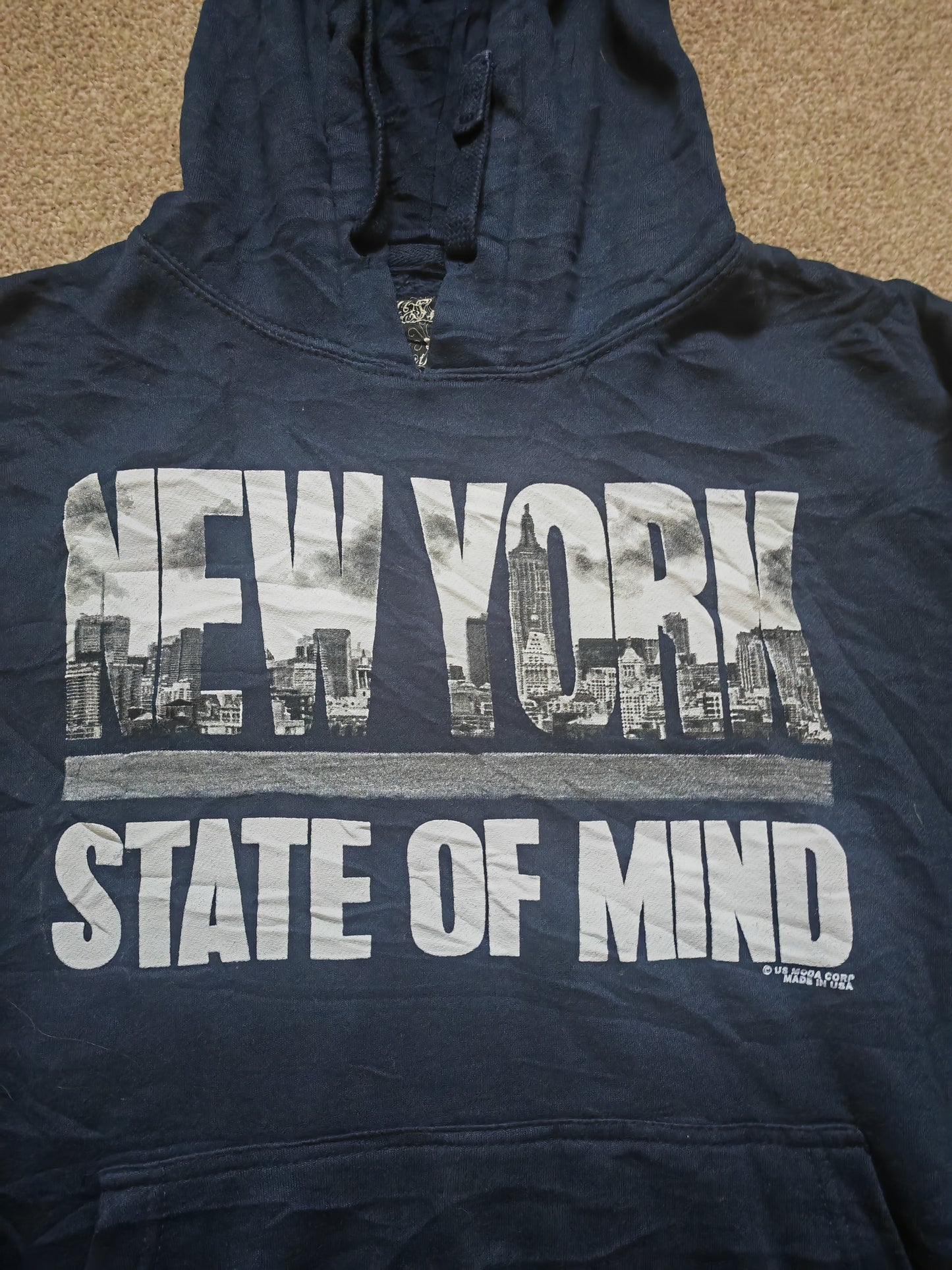 US Moda New York State Of Mind Pullover Hoodie, Blue, Size Medium