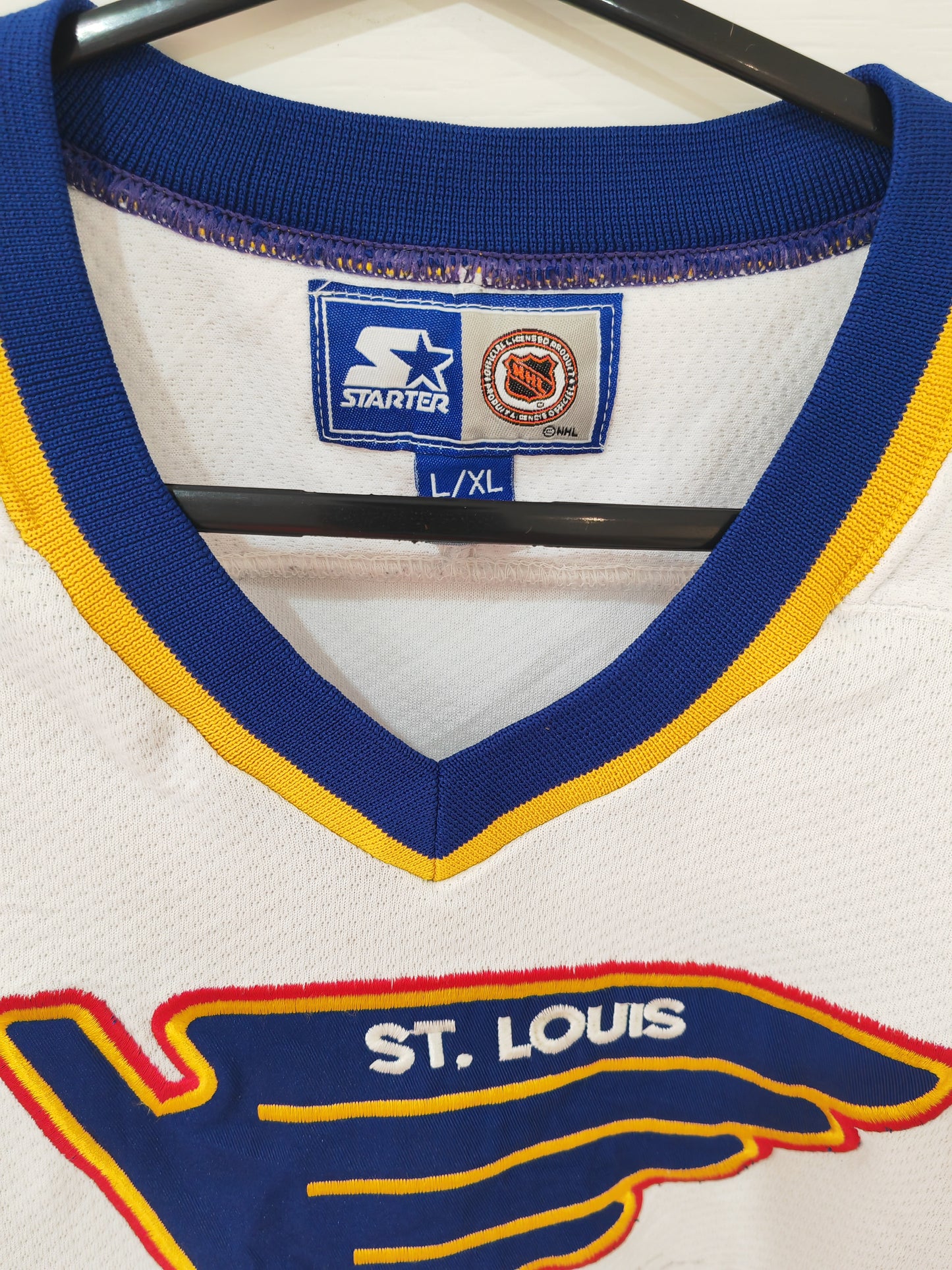 Youth Starter St. Louis Blues NHL Jersey, Signed, White/Blue, Size YL/XL