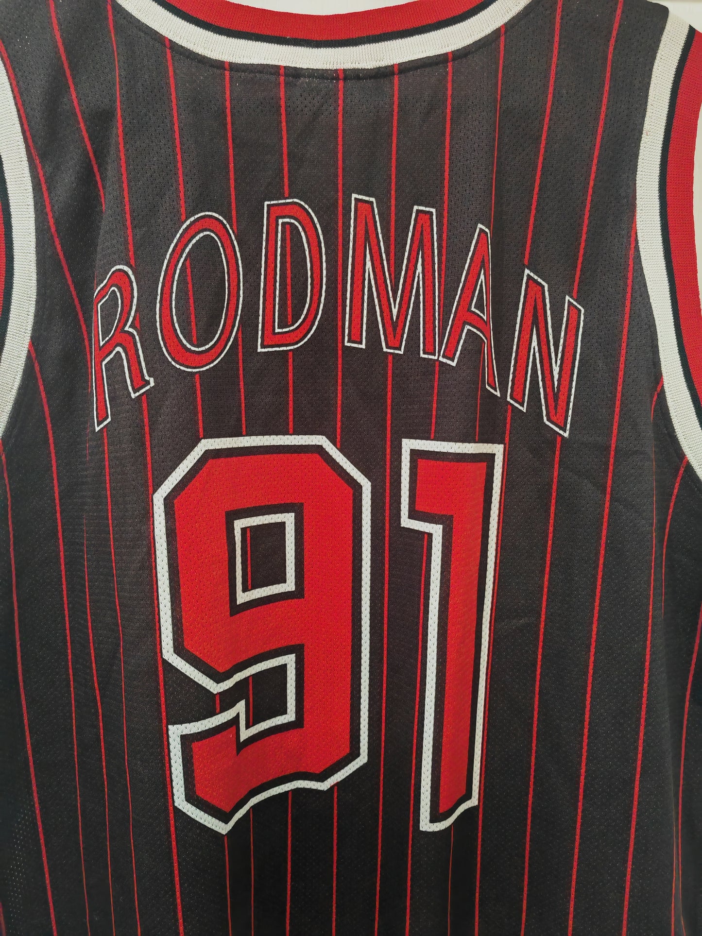 Champion Chicago Bulls NBA Jersey, #91 Rodman, Black w/Red Pin Stripe, Size Large