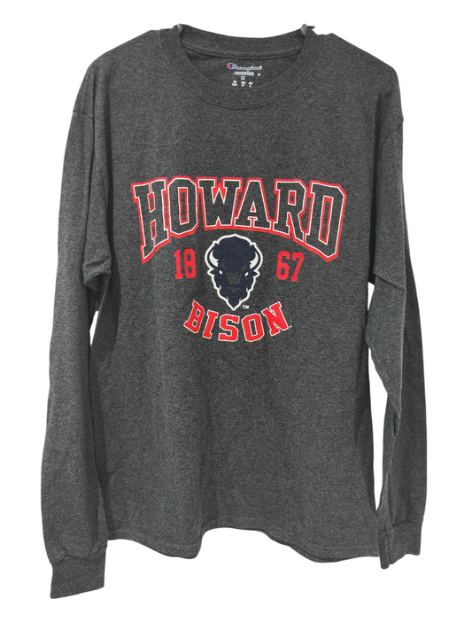 Champion Howard Bison NCAA Long Sleeve T Shirt, Grey, Size Medium