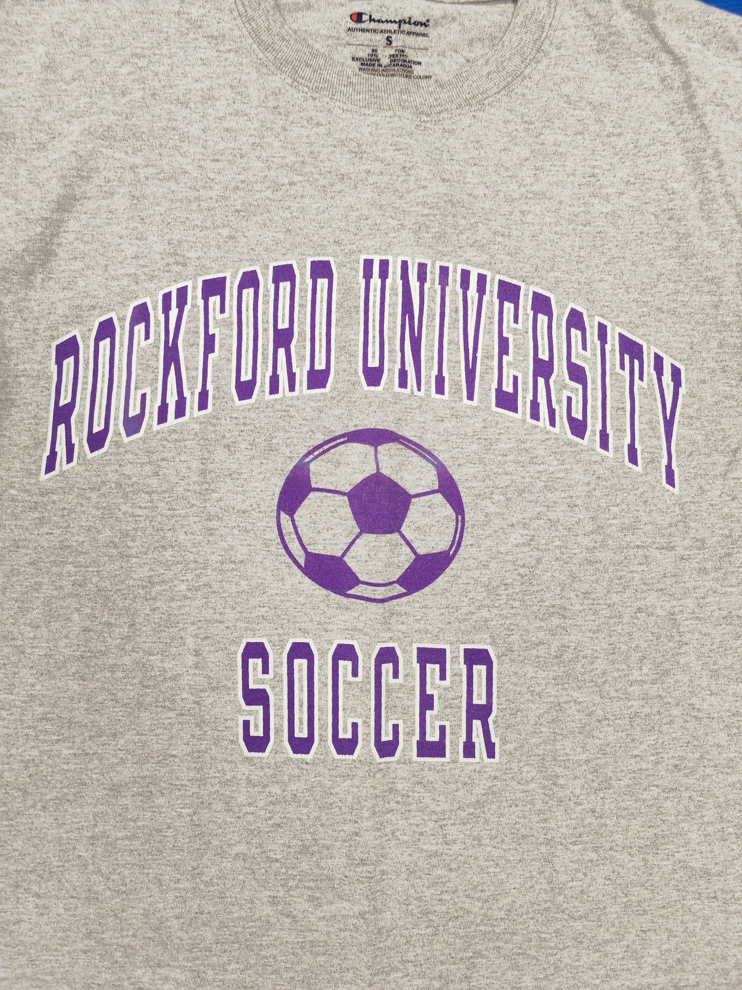 Champion Rockford University Soccer Shirt Sleeve T Shirt, Grey, Size Small