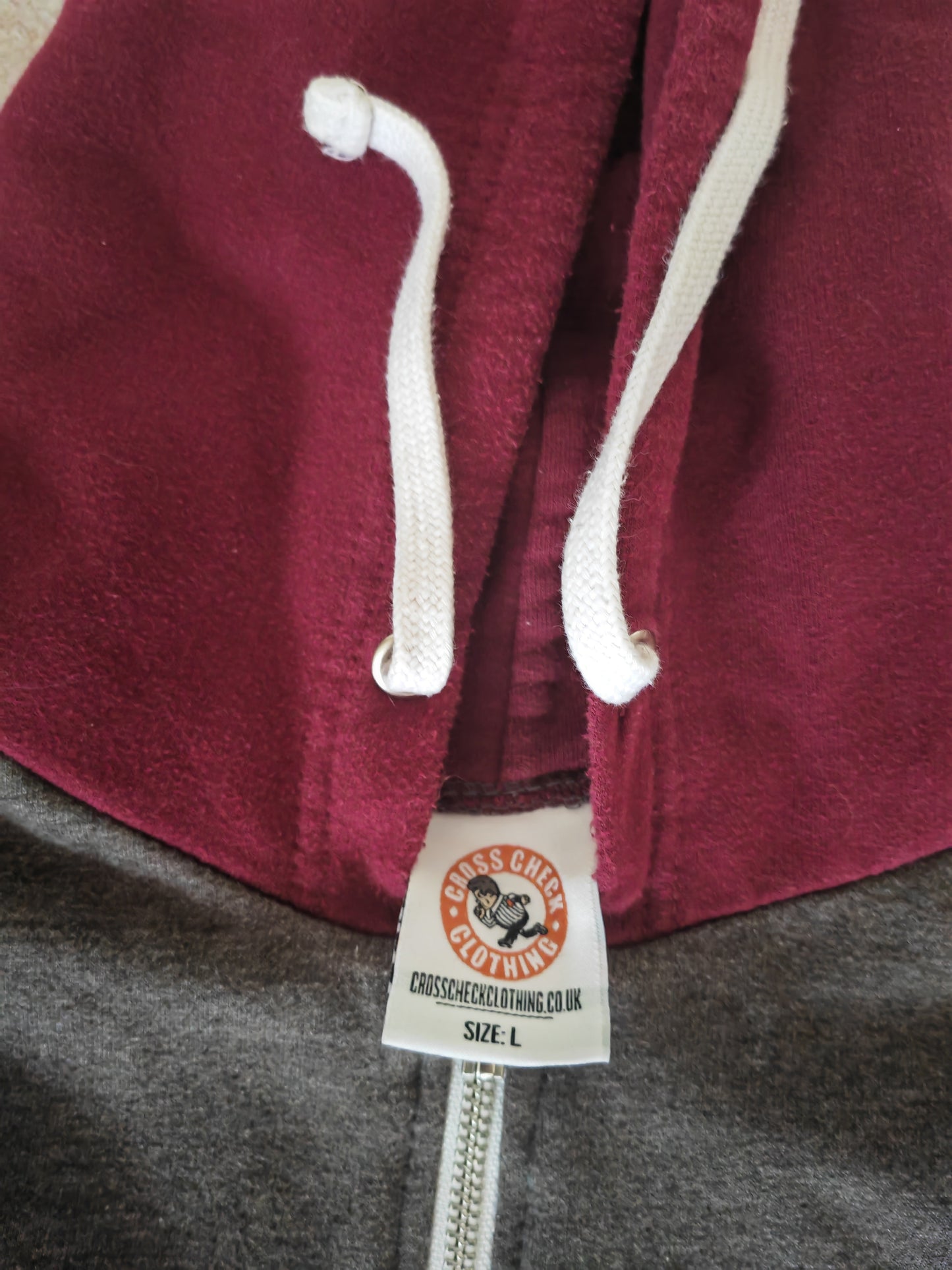 Cross Check Clothing Full Zip Hoodie, Grey/Burgundy, Size Large